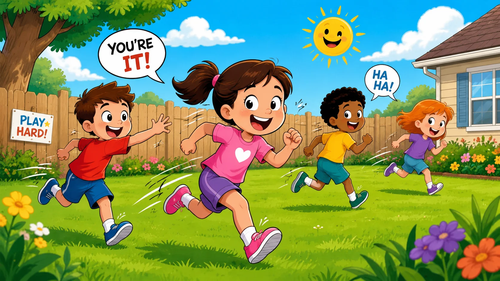  Kids playing tag in sunny backyard for classic outdoor birthday games. 
