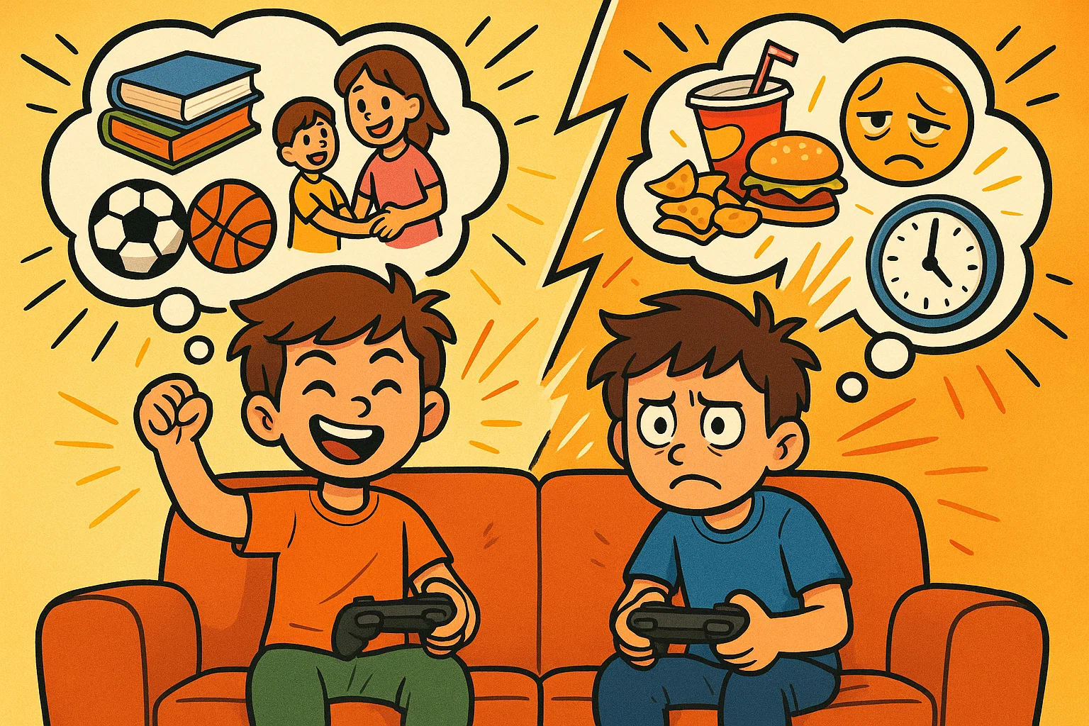Cartoon of kids playing video games showing balance between benefits and risks. Cartoon of kids playing video games showing balance between benefits and risks.