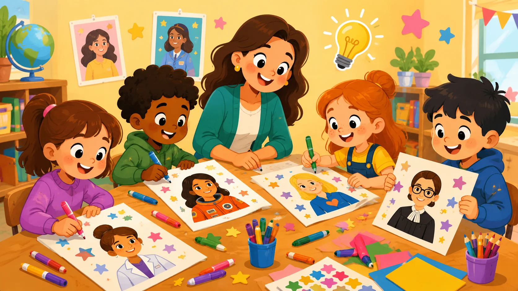 Kids create female role model project posters in classroom.