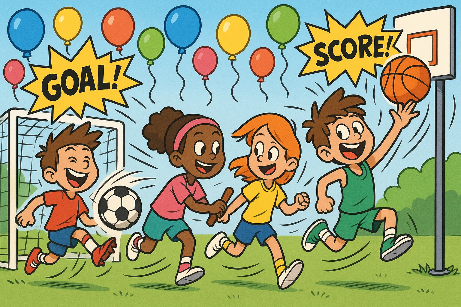 Kids playing soccer and relay races at birthday sports party.
