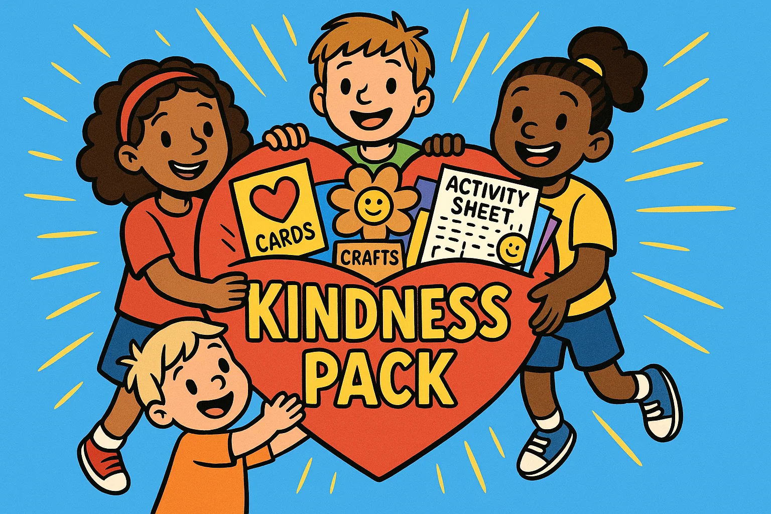Children holding kindness activity pack with crafts and games.