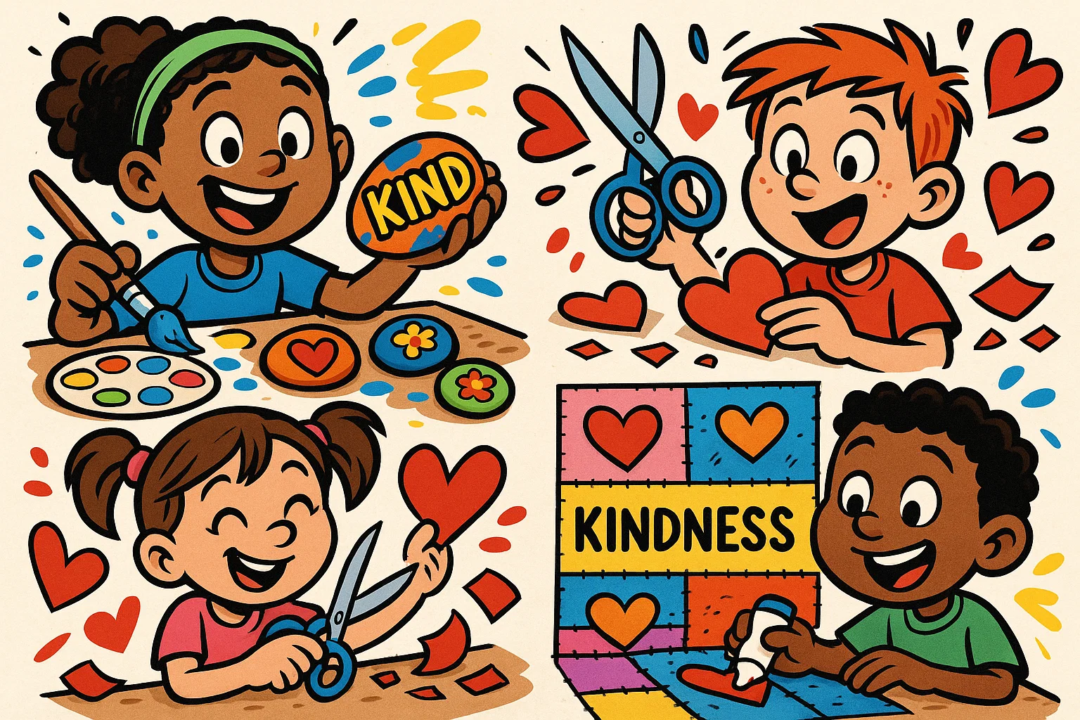 Children creating kindness crafts and art projects with joy.
