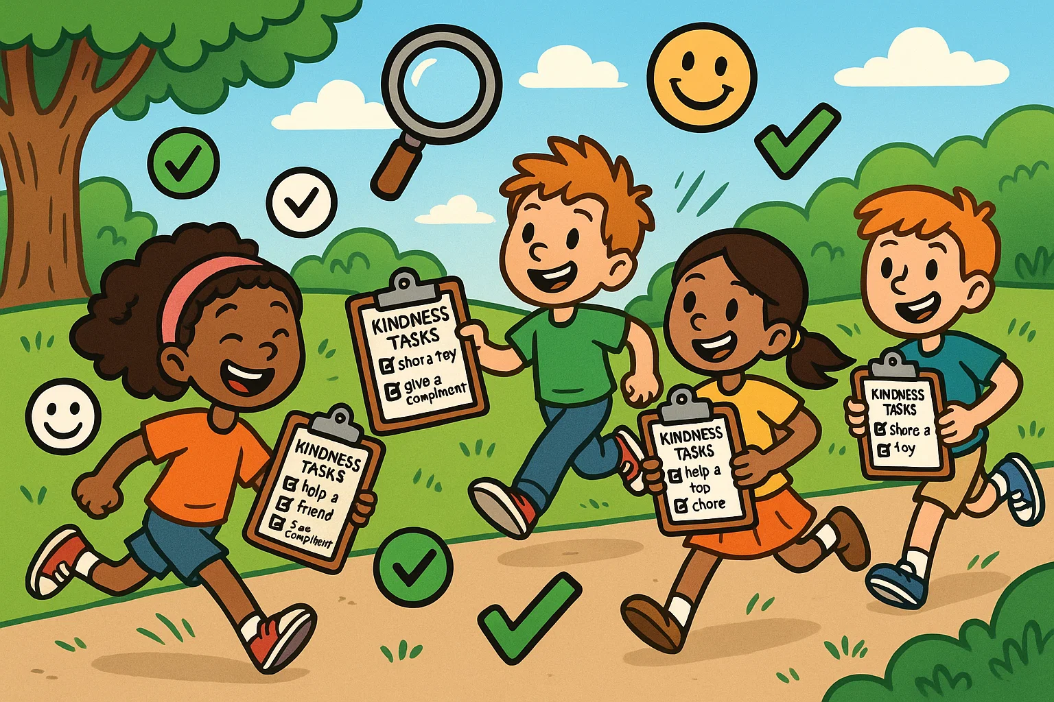 Children doing kindness scavenger hunt outdoors with checklists.
