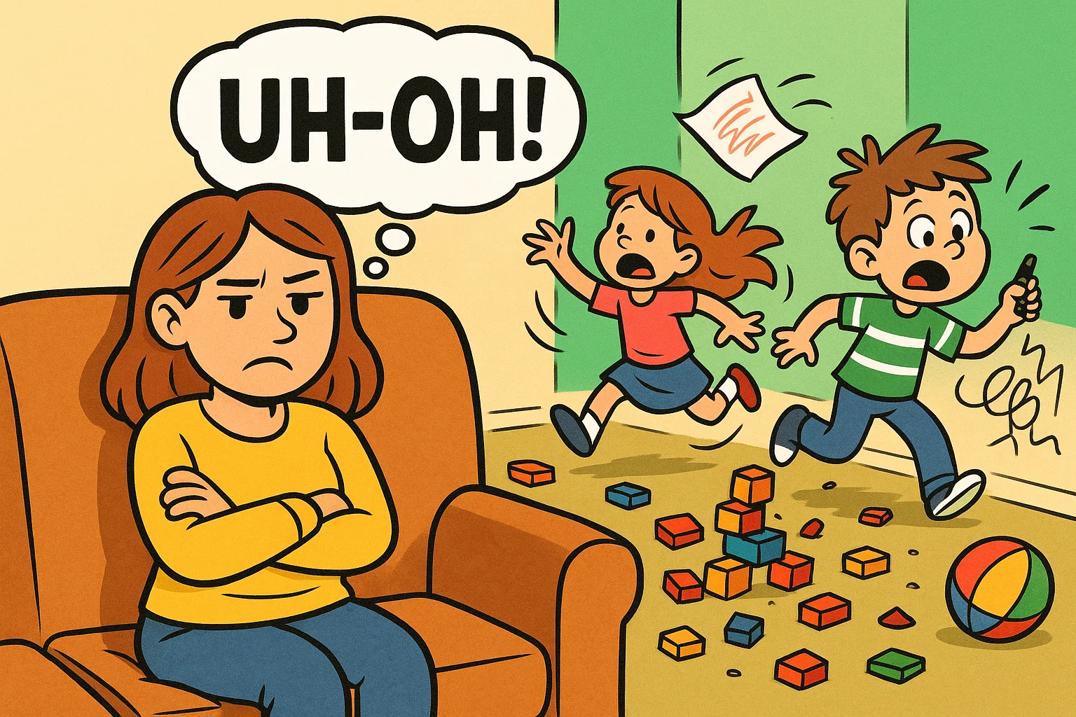 Frustrated parent watching children create chaos at home Frustrated parent watching children create chaos at home
