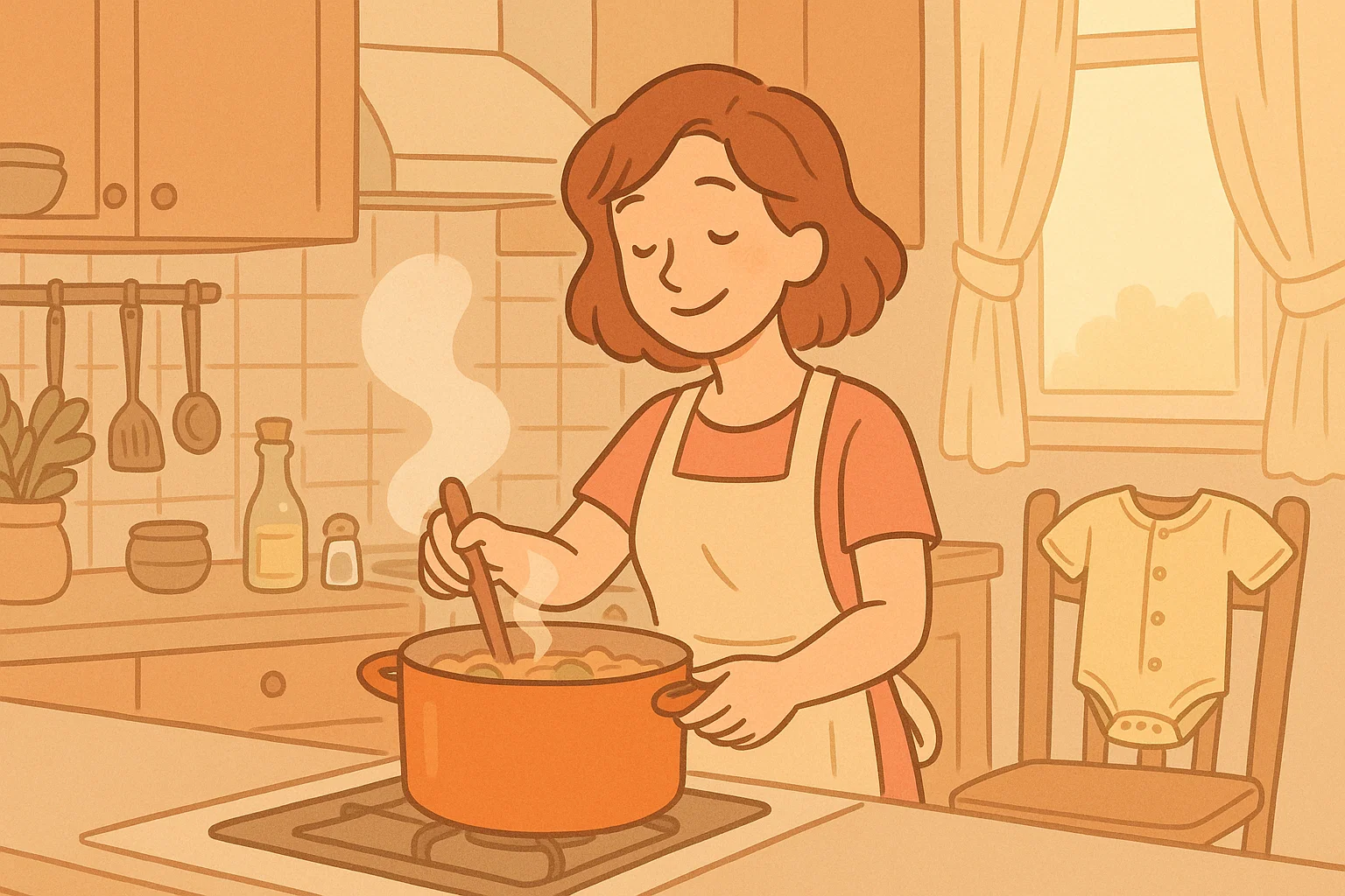 A woman learning basic skills for daily life with a baby, cooking a meal.