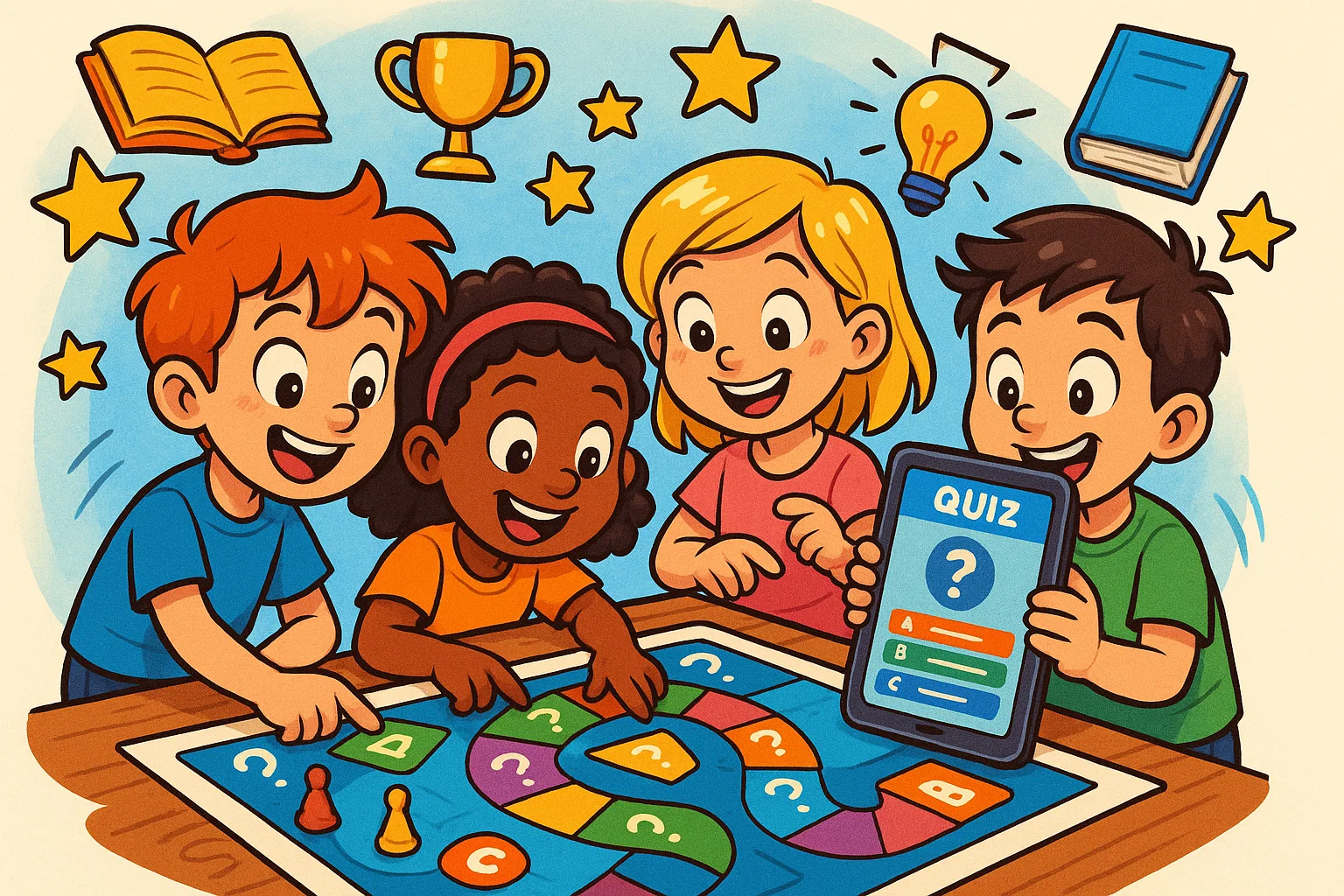 Cartoon kids enjoying learning activities and quizzes for 8-10 year olds. Cartoon kids enjoying learning activities and quizzes for 8-10 year olds.