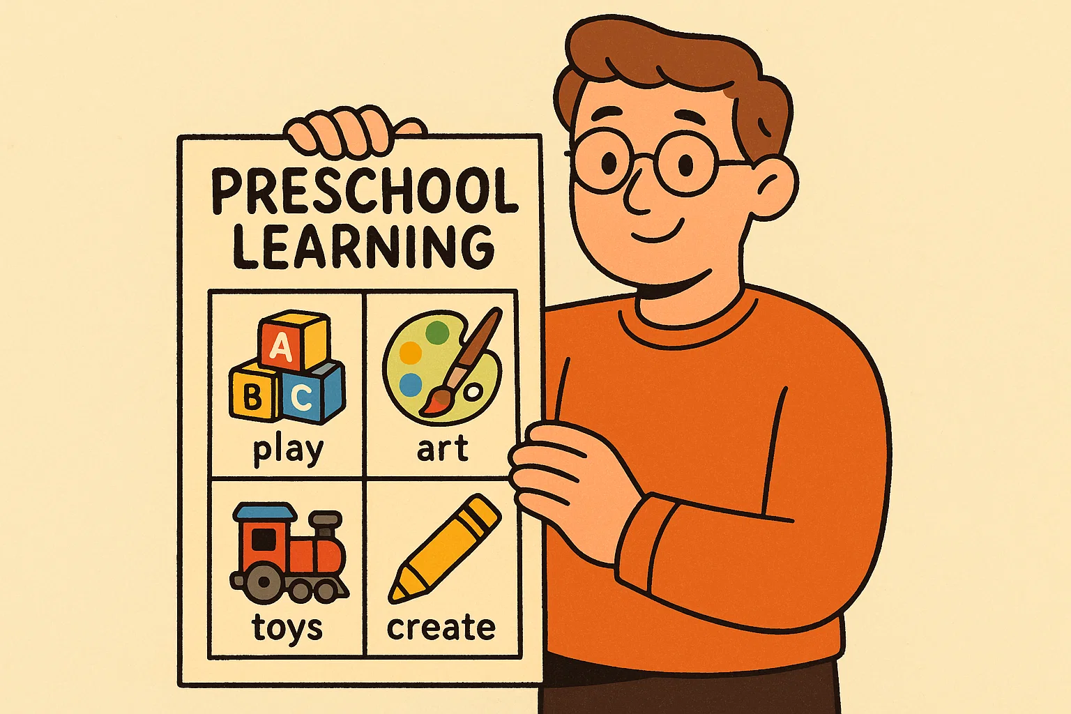 Cartoon parent with preschool learning chart showing play and creativity