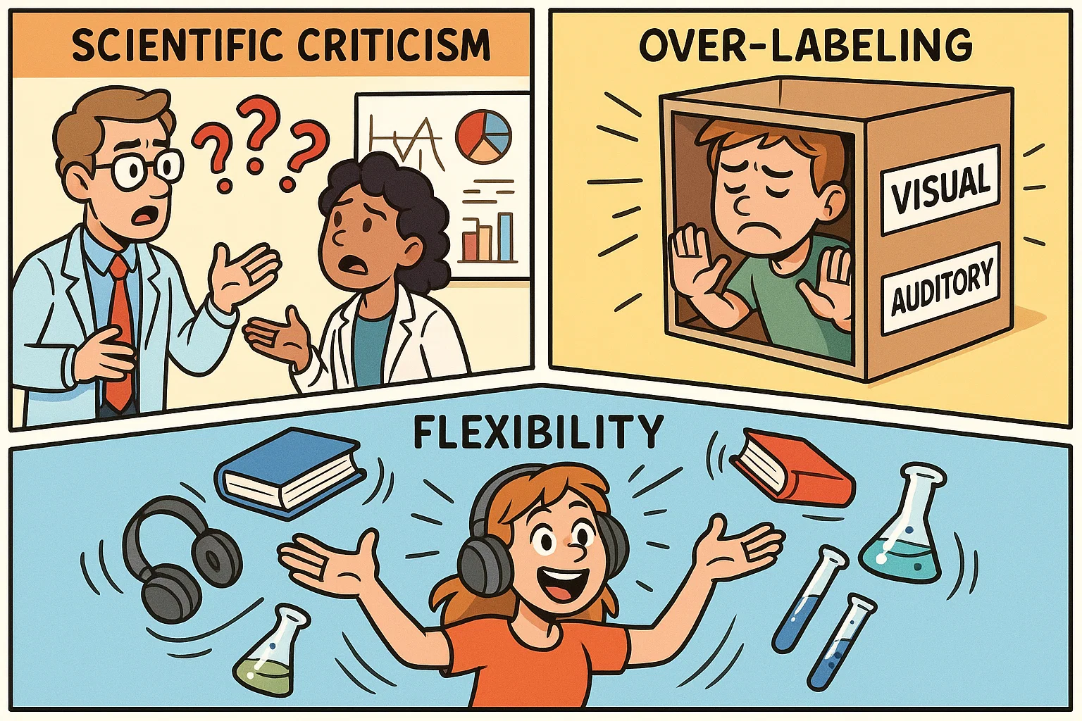 Cartoon showing criticisms, risks of labeling and flexible approach to learning styles.