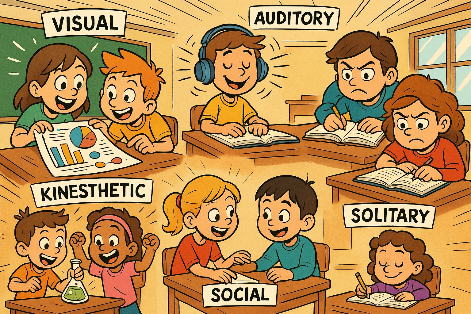 Classroom with students learning visually, listening, writing, moving and collaborating. Classroom with students learning visually, listening, writing, moving and collaborating.