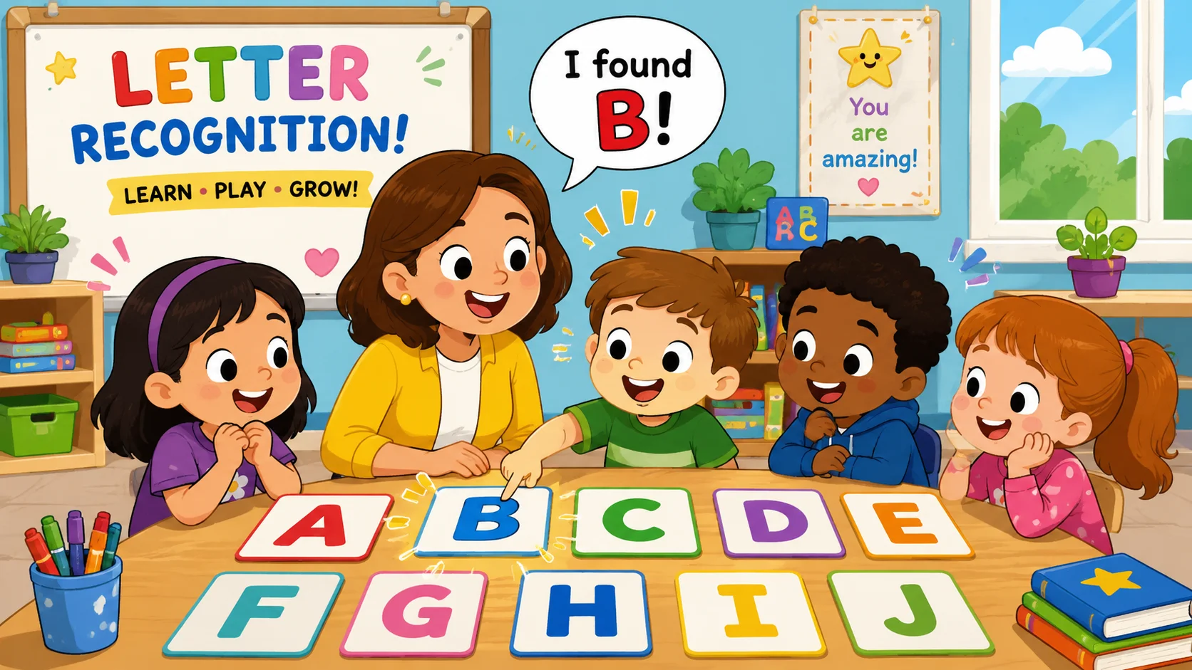 Letter recognition games for kids with colorful alphabet cards. 