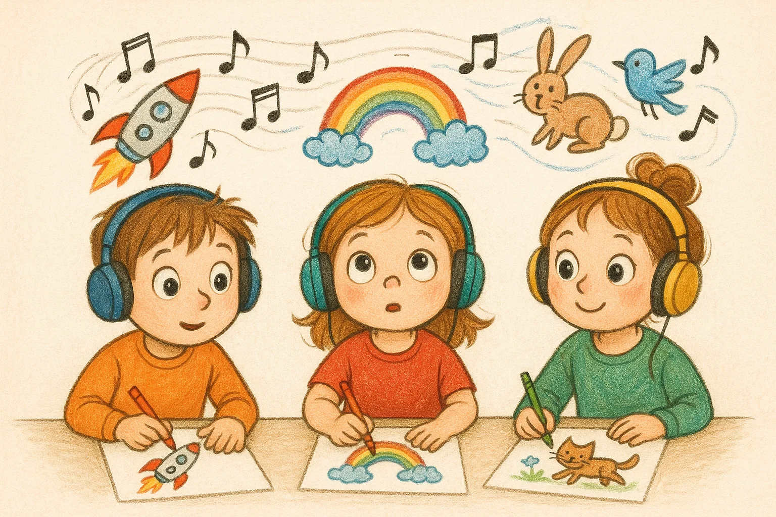 Cartoon kids listening to music and drawing what they hear in sound game. Cartoon kids listening to music and drawing what they hear in sound game.