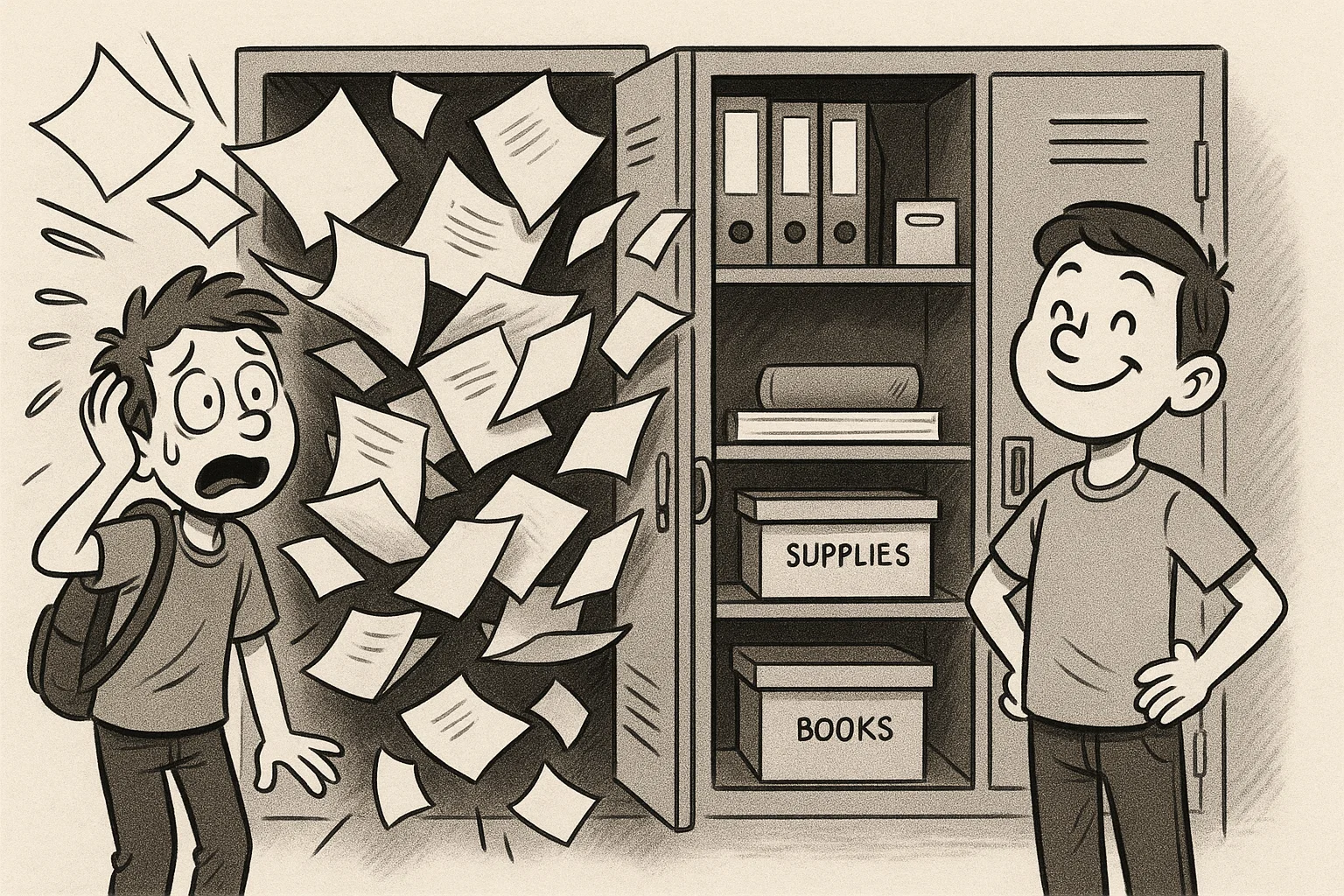 8th grade locker organization showing messy papers and neatly arranged supplies.