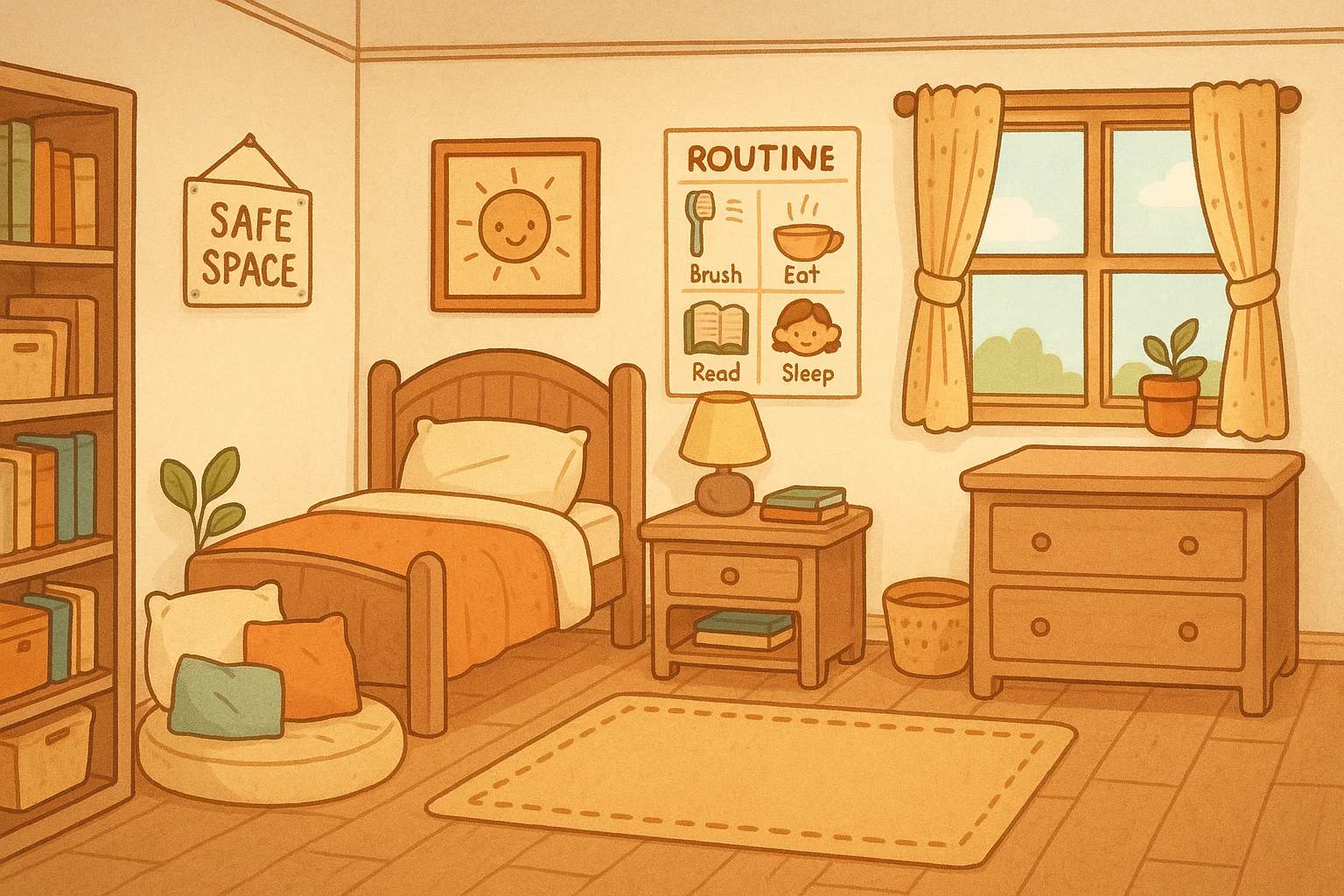 A detailed cartoon of a child's bedroom with a visual routine, a calendar, and a cozy space, symbolizing long-term strategies.
