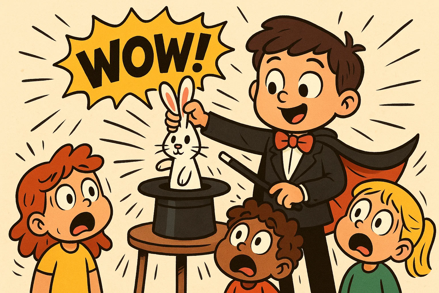 Kids enjoying magic show with tricks and rabbit at birthday party. Kids enjoying magic show with tricks and rabbit at birthday party.