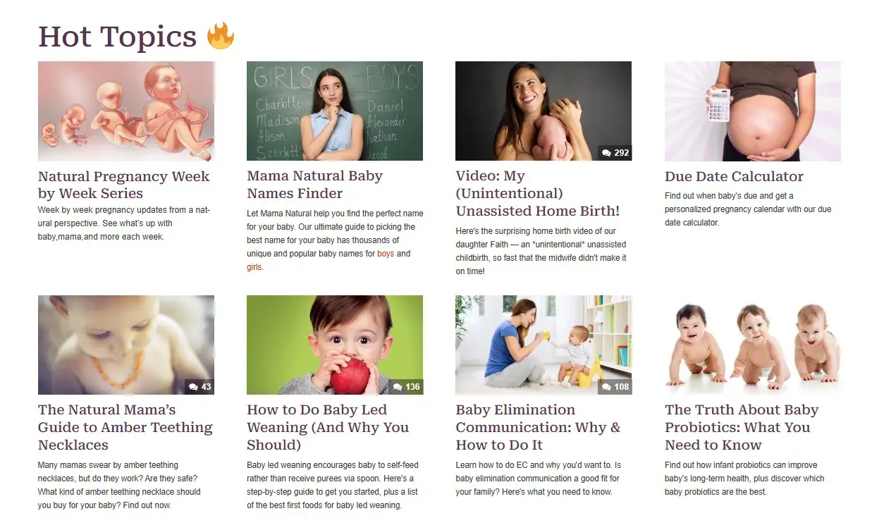 Mama Natural blog homepage with parenting and pregnancy resources.
