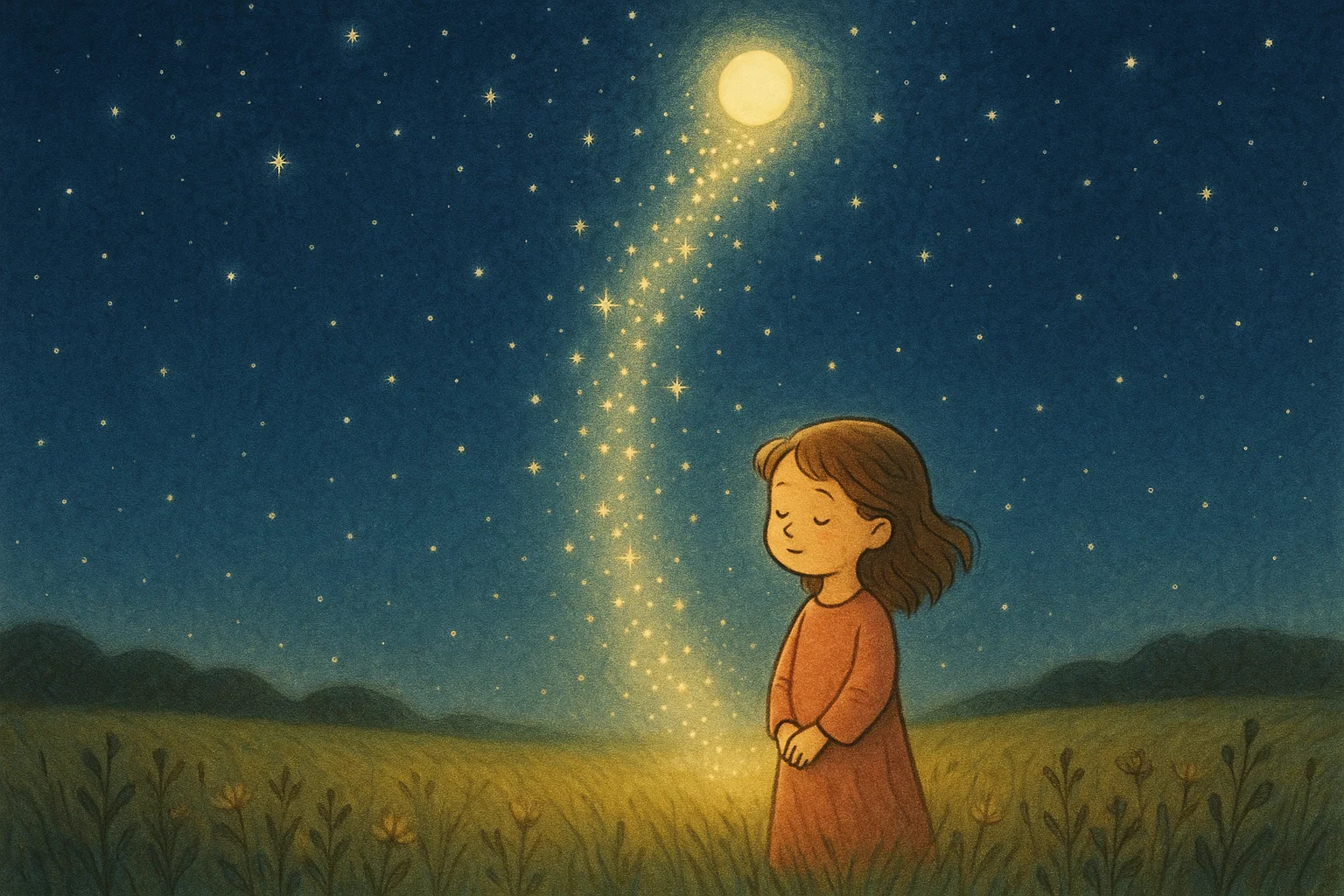 A cartoon illustration of a daughter receiving blessings under a starlit sky, symbolizing faith and guidance.
