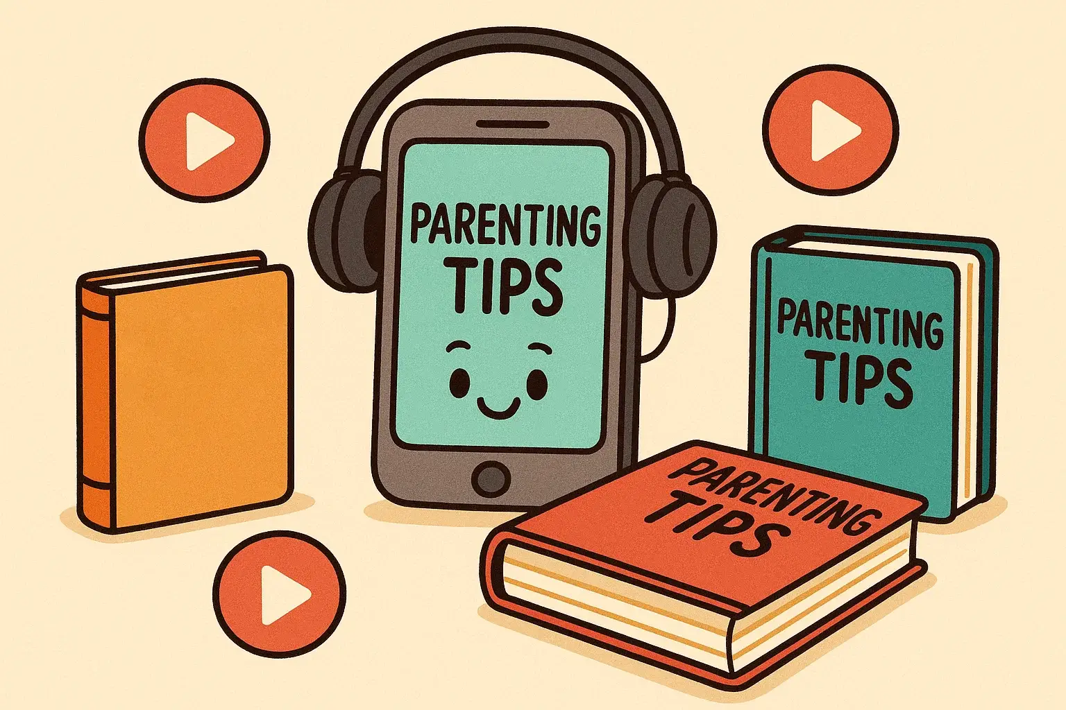 Cartoon-style books and podcasts with parenting tips in audio and visual formats.