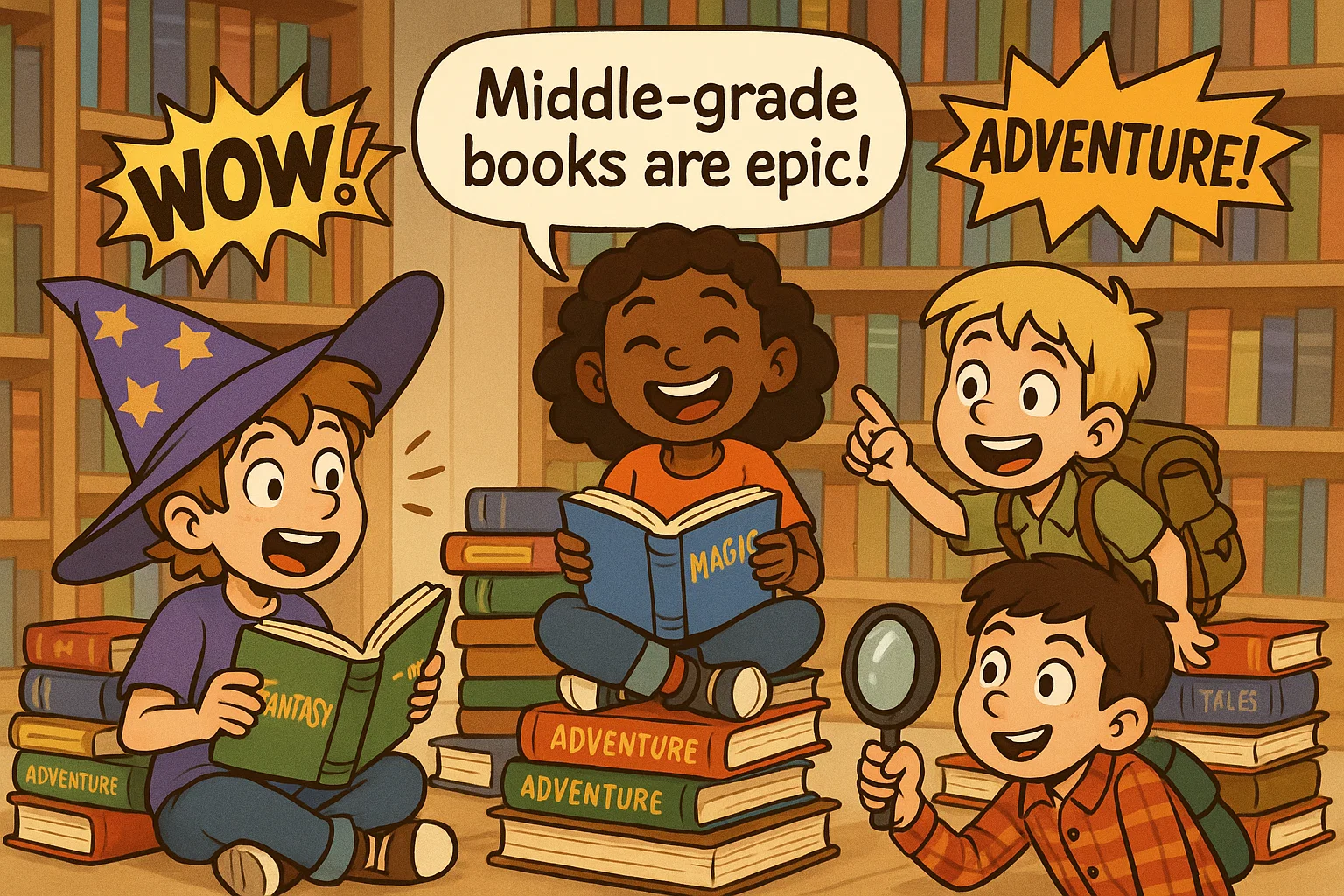 Cartoon middle grade readers enjoying classic books with adventure and fantasy themes. Cartoon middle grade readers enjoying classic books with adventure and fantasy themes.