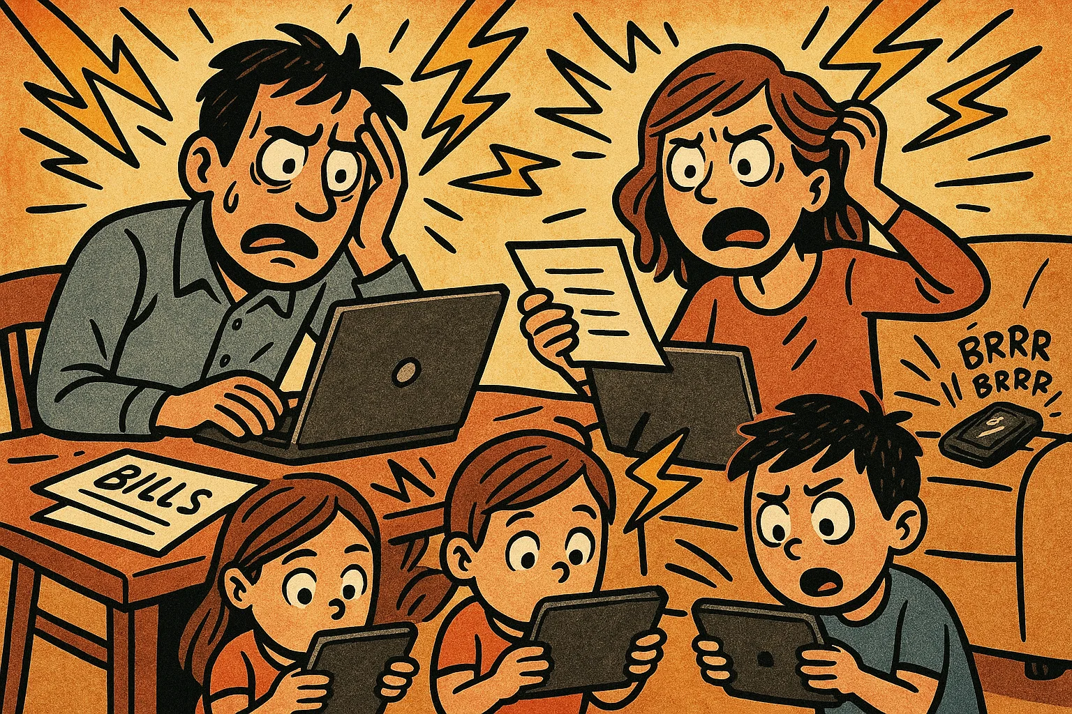 Cartoon showing modern family challenges with stress, devices, and busy life. Cartoon showing modern family challenges with stress, devices, and busy life.
