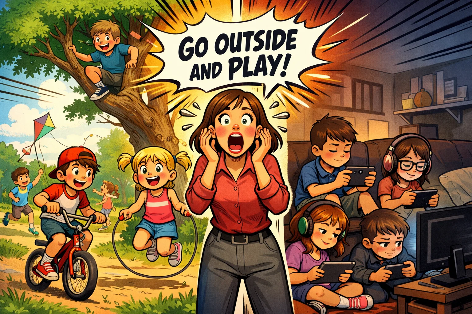Modern kids lack freedom compared to past outdoor childhood experiences.
