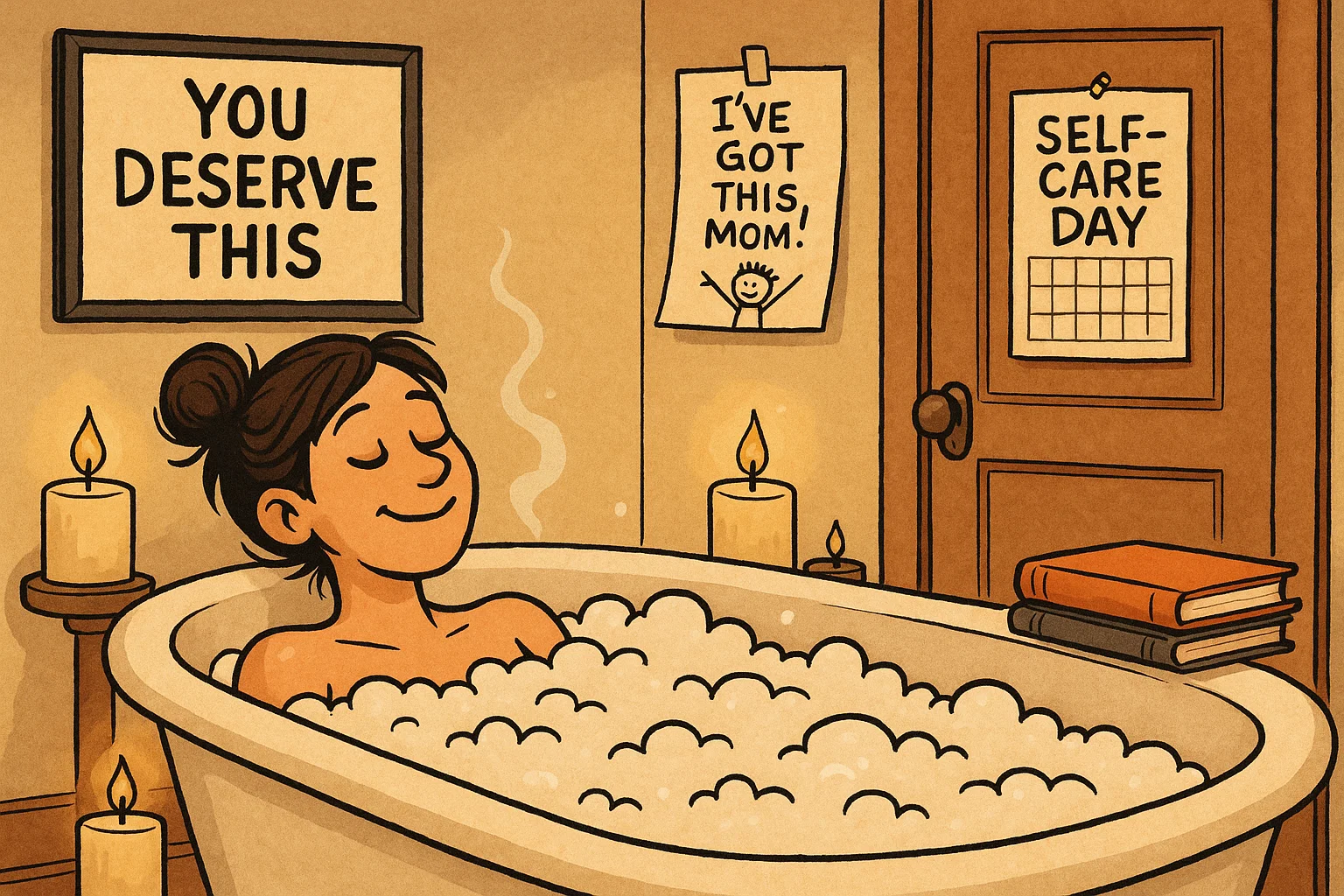Mom relaxing in bathtub with candles, books, and self-care day signs for stress relief.