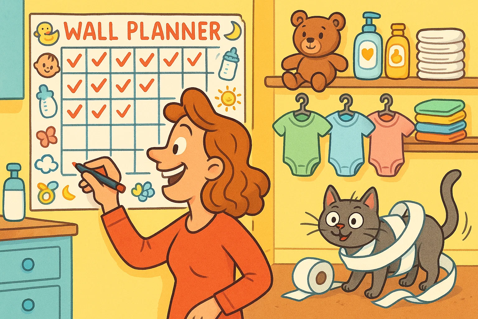  Mom updating baby wall planner in nursery to stay organized
