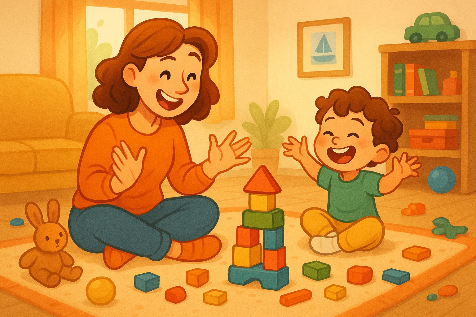 A mother and her child happily playing with colorful building blocks on the floor.