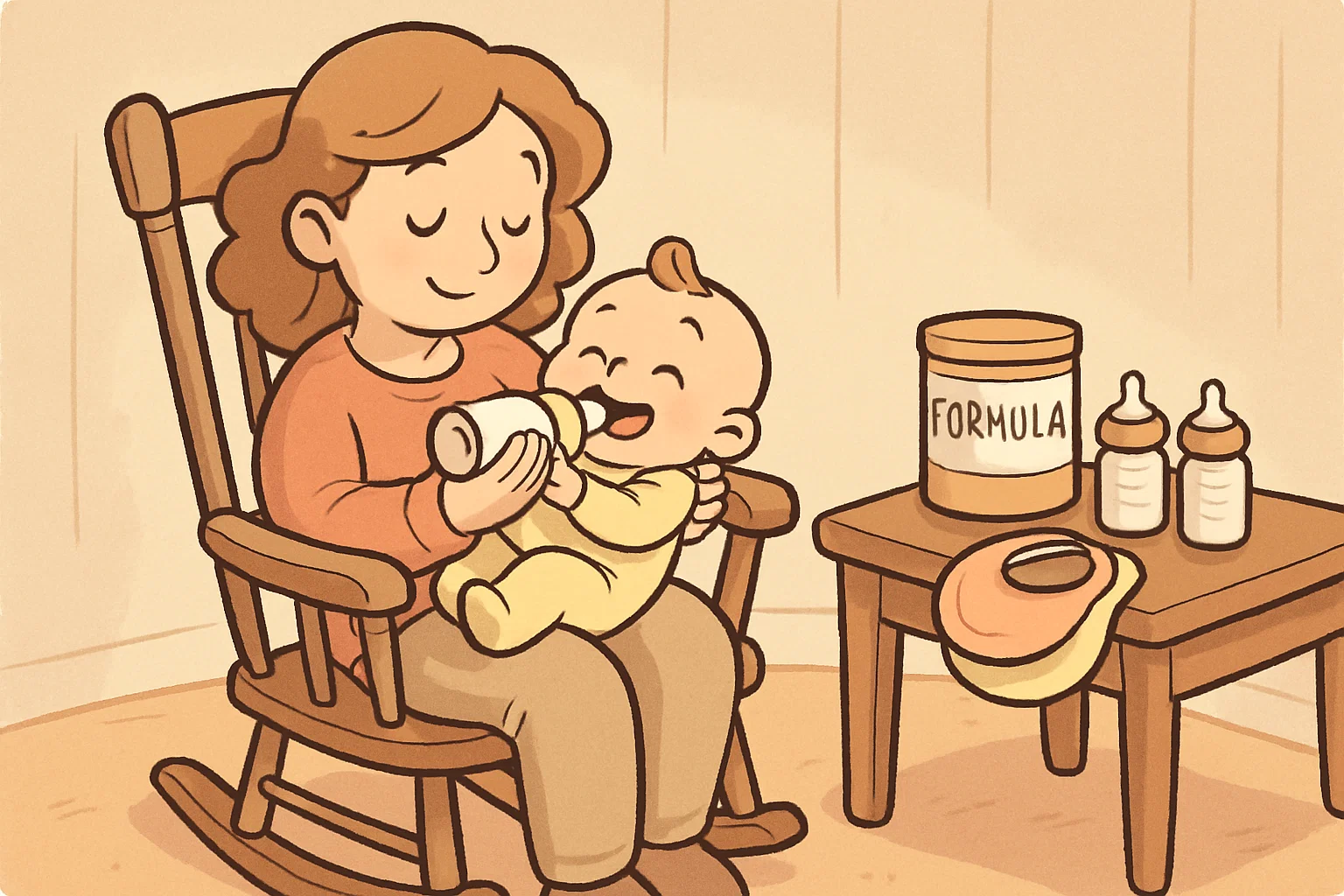 Mother feeding baby with bottle of formula in rocking chair next to formula can and bib.
