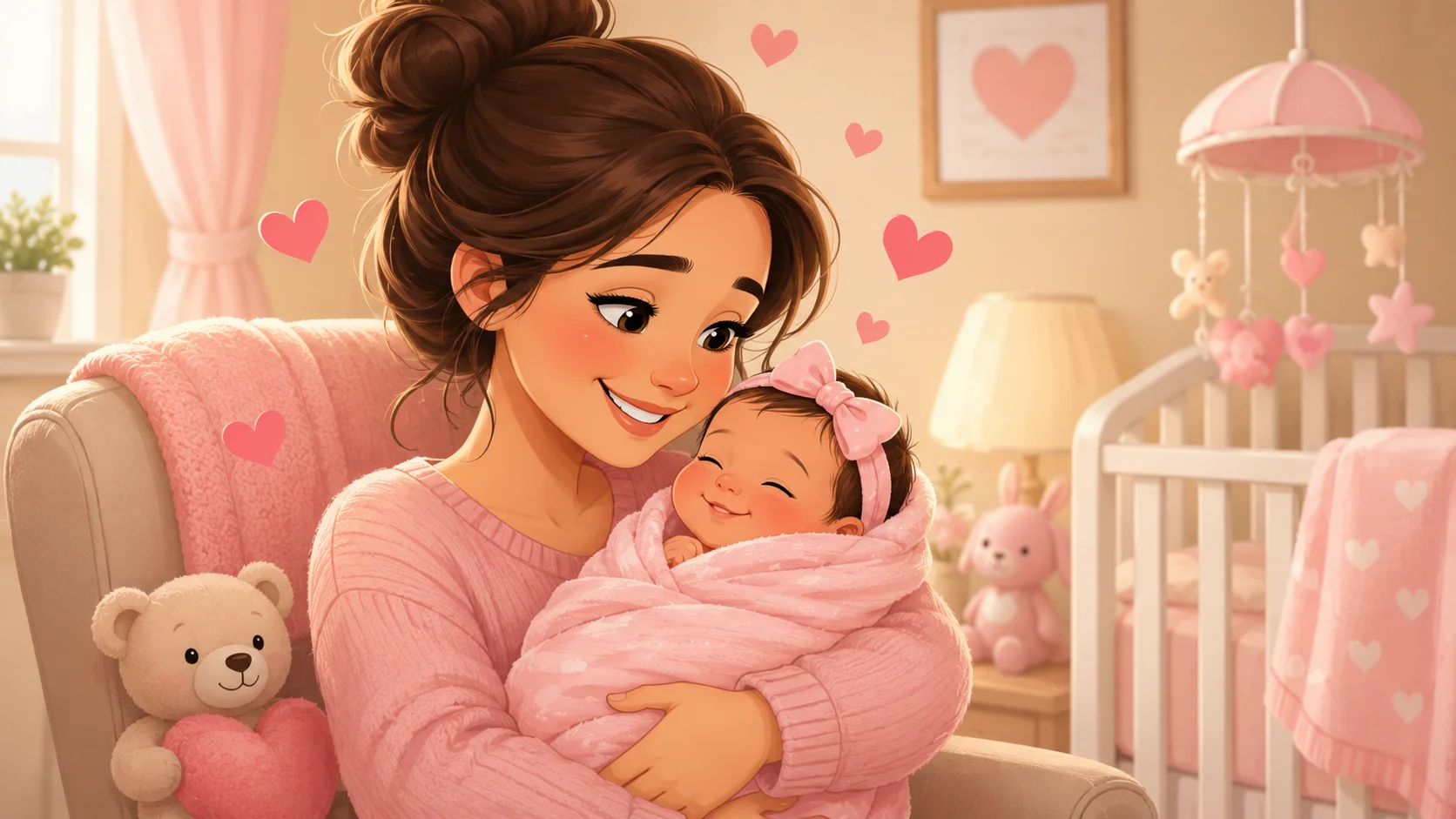 Mother holding newborn baby girl in cozy nursery for mother daughter quotes. 
