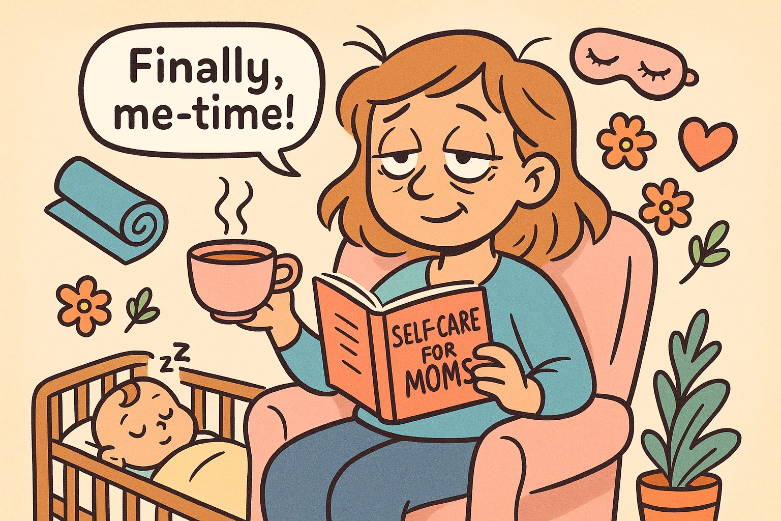 Cartoon of mother reading motherhood self care books with baby resting. Cartoon of mother reading motherhood self care books with baby resting.
