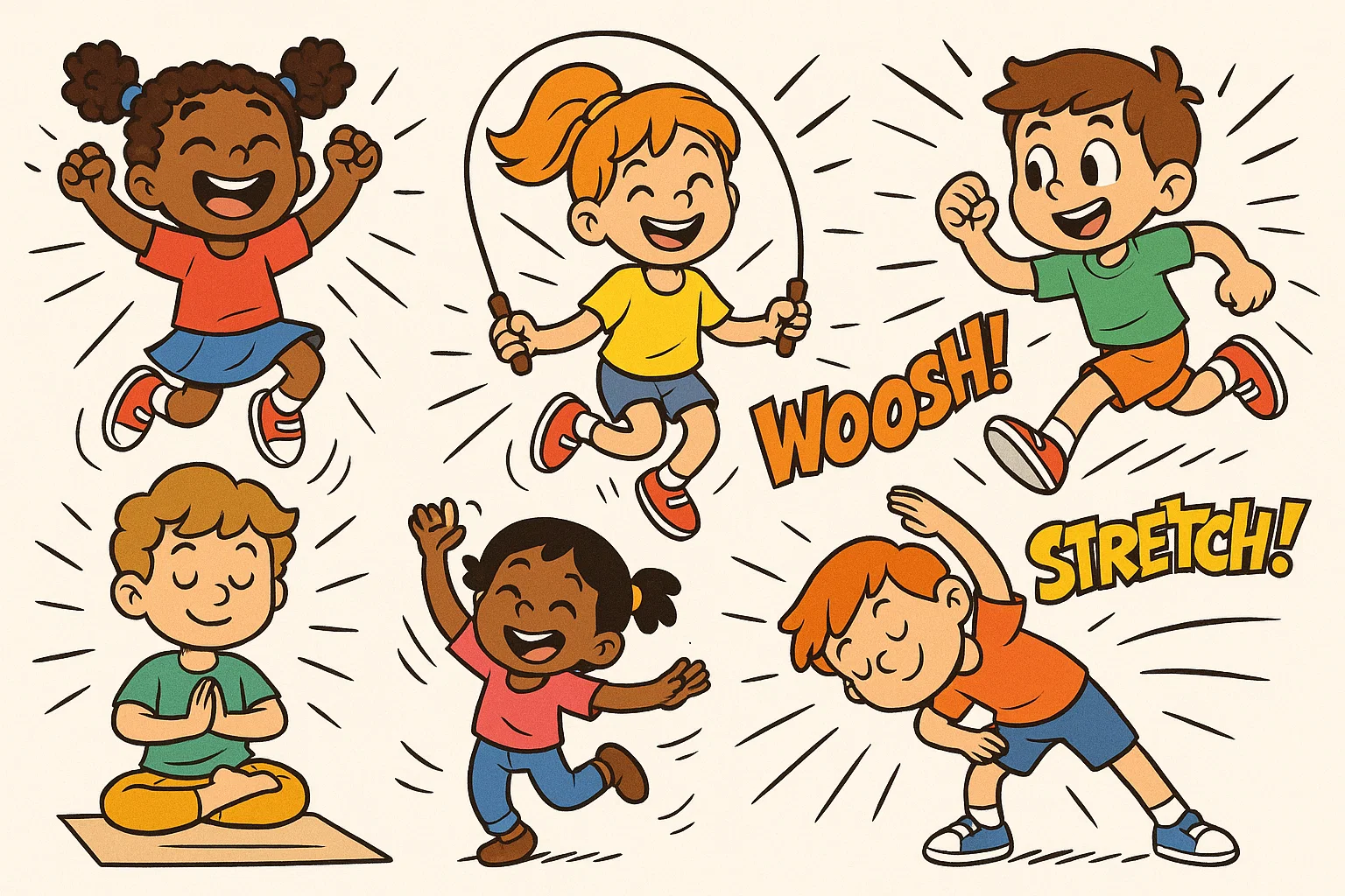 Cartoon kids using movement based activities like yoga and dancing for regulation. Cartoon kids using movement based activities like yoga and dancing for regulation.
