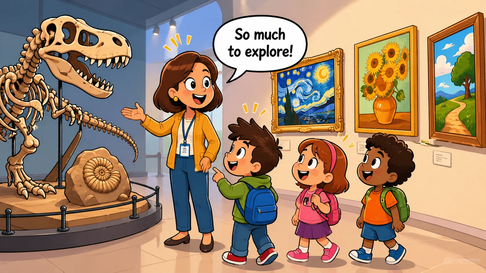Kids learning in a museum art gallery with dinosaur exhibit.