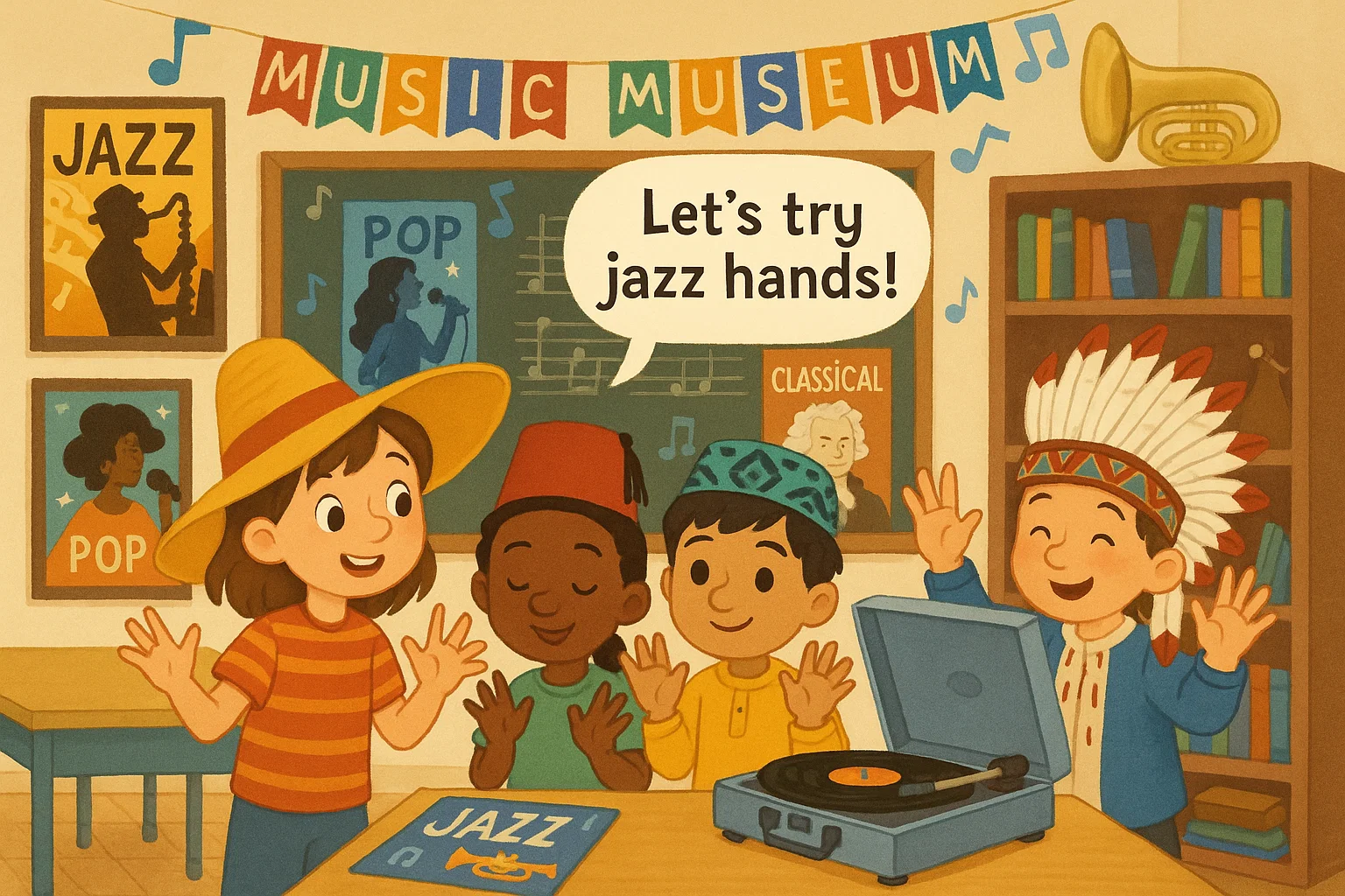 Cartoon kids exploring jazz, pop and classical on Music Appreciation Day. Cartoon kids exploring jazz, pop and classical on Music Appreciation Day.