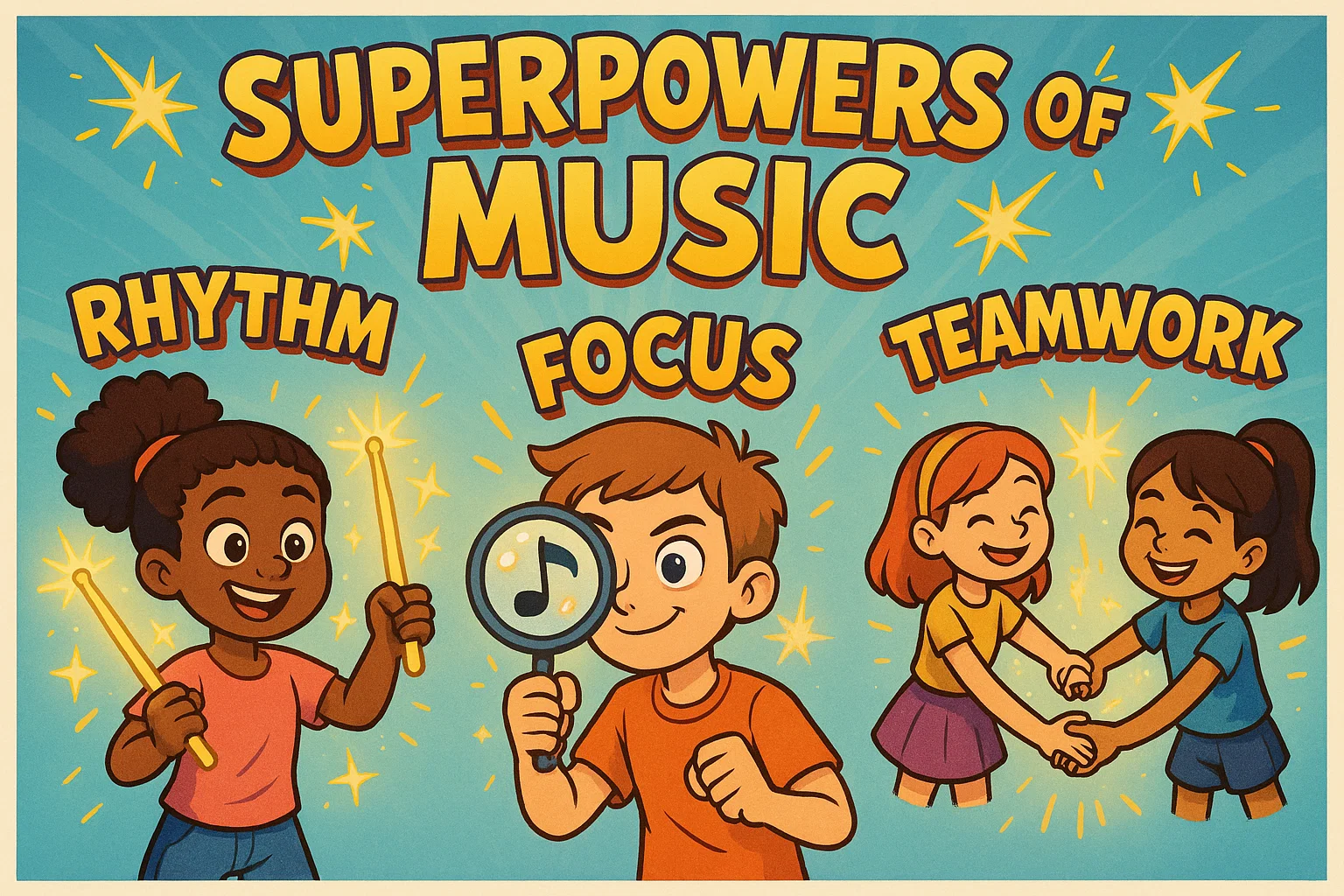 Cartoon kids developing rhythm, focus and teamwork through music skills. Cartoon kids developing rhythm, focus and teamwork through music skills.