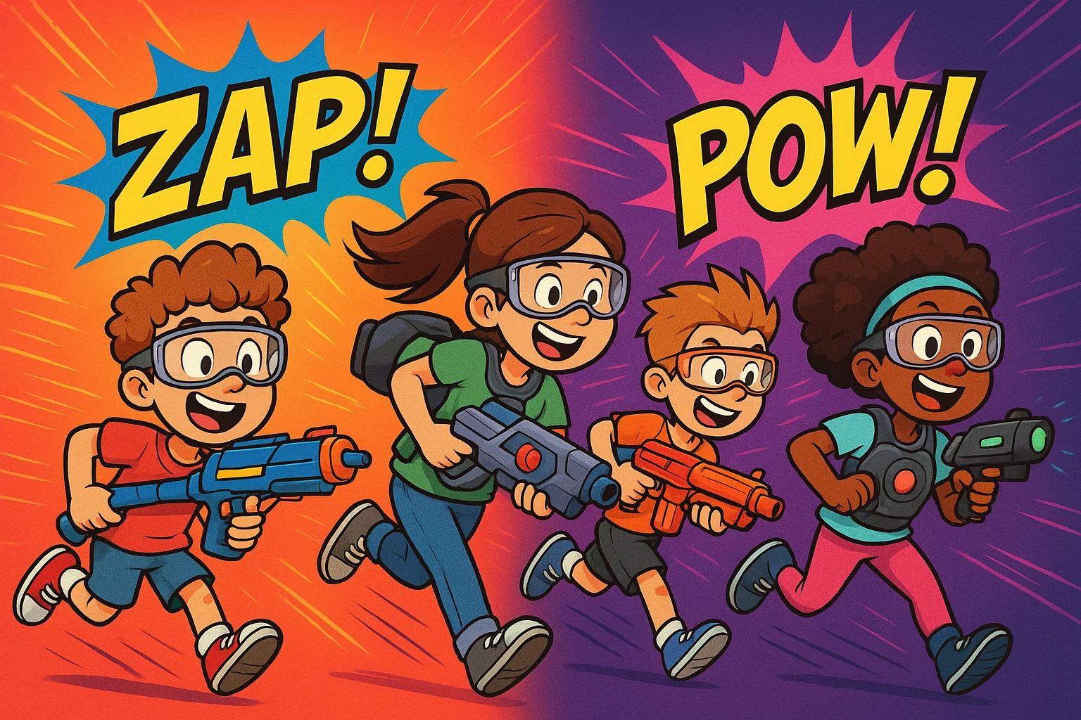  Children playing Nerf gun and laser tag games at birthday party.
