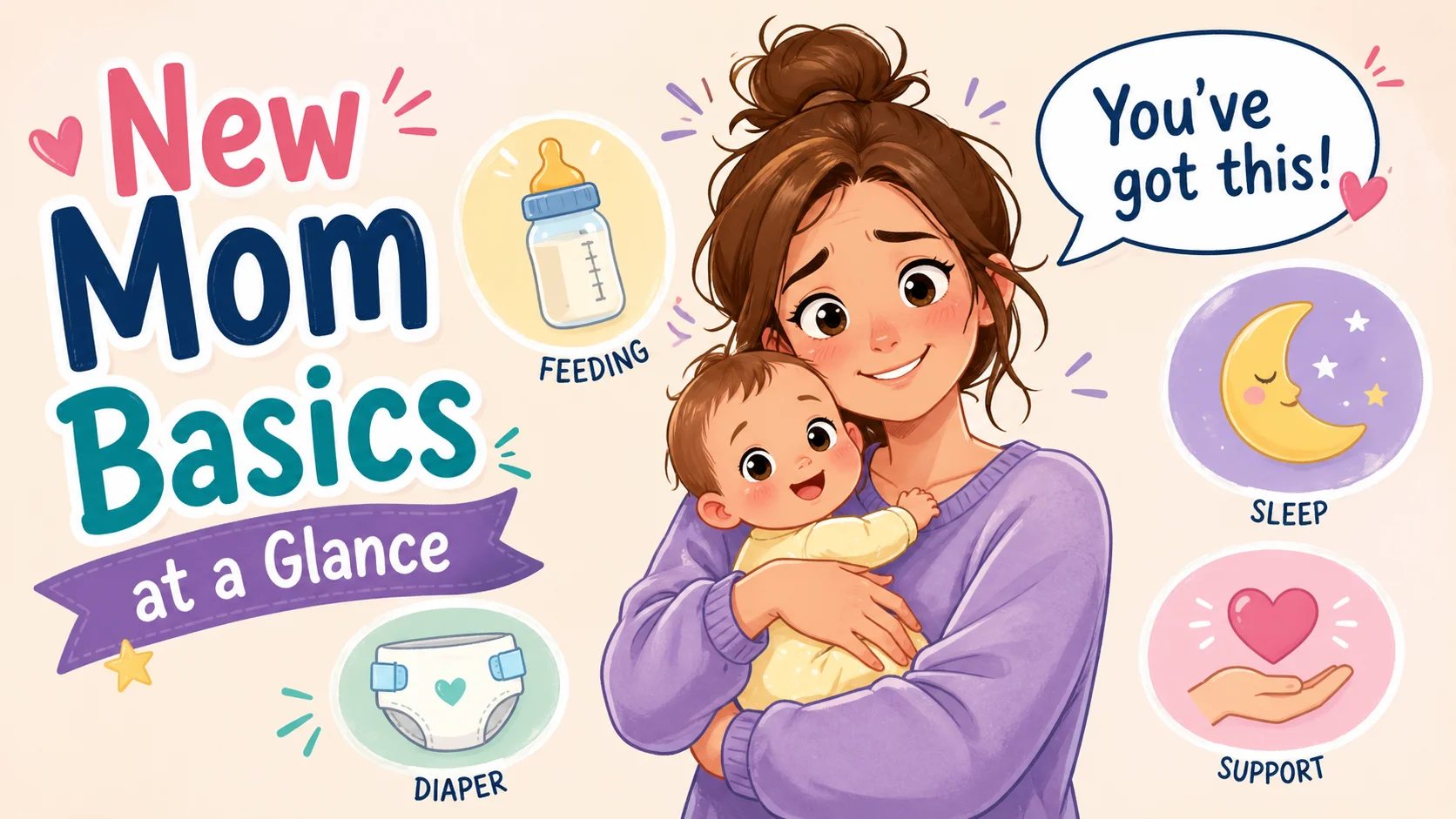 New mom basics at a glance with baby care tips for feeding, sleep, and support. 