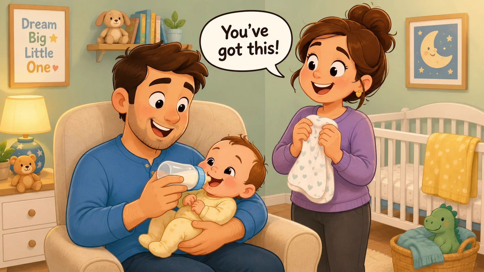 New parents feeding baby with confidence in cozy nursery. 
