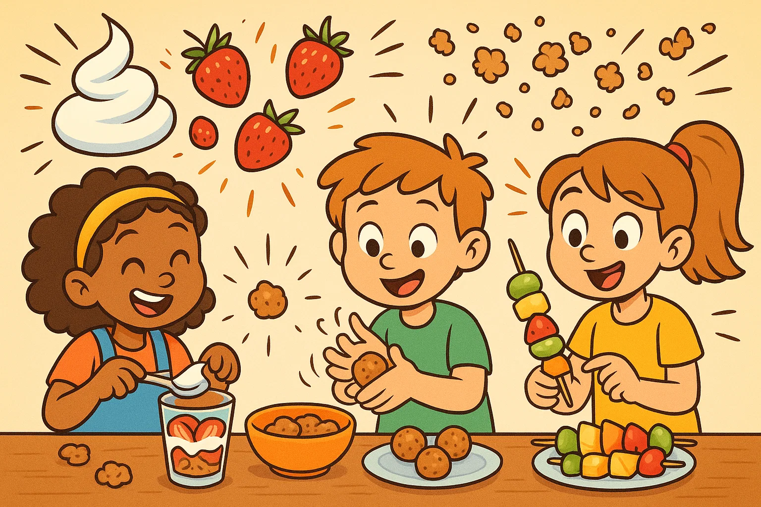 Preschoolers preparing no-bake treats with yogurt, fruit and simple ingredients.