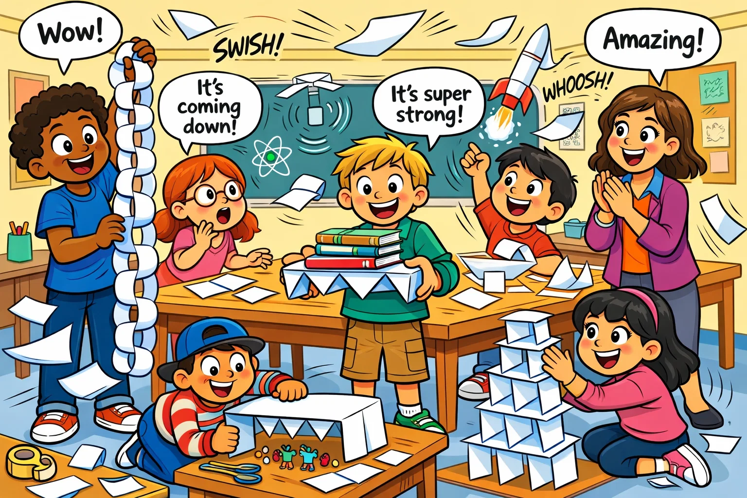 Middle school students doing no prep paper STEM activities in class.
