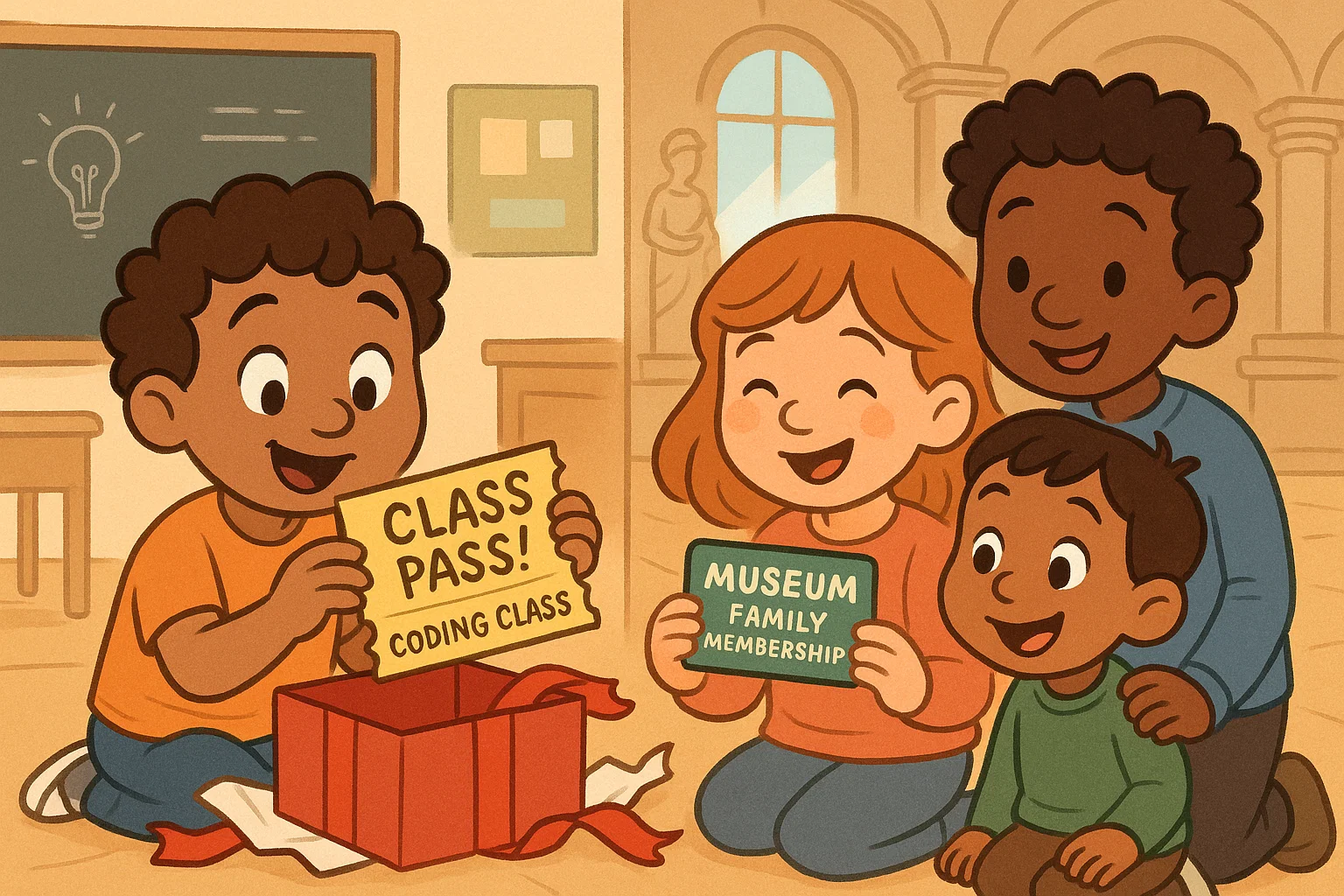 A cartoon of children happily receiving and using non-toy gifts like a class pass, a museum card, and music lessons.