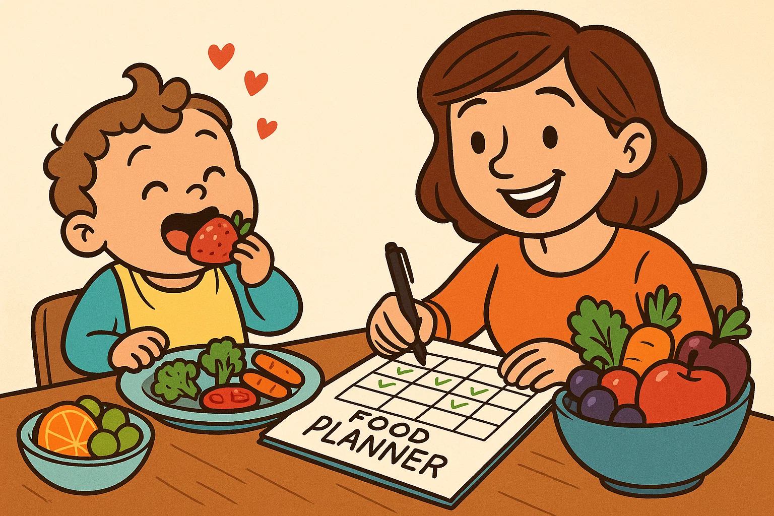 Cartoon toddler having healthy meal with parent Cartoon toddler having healthy meal with parent
