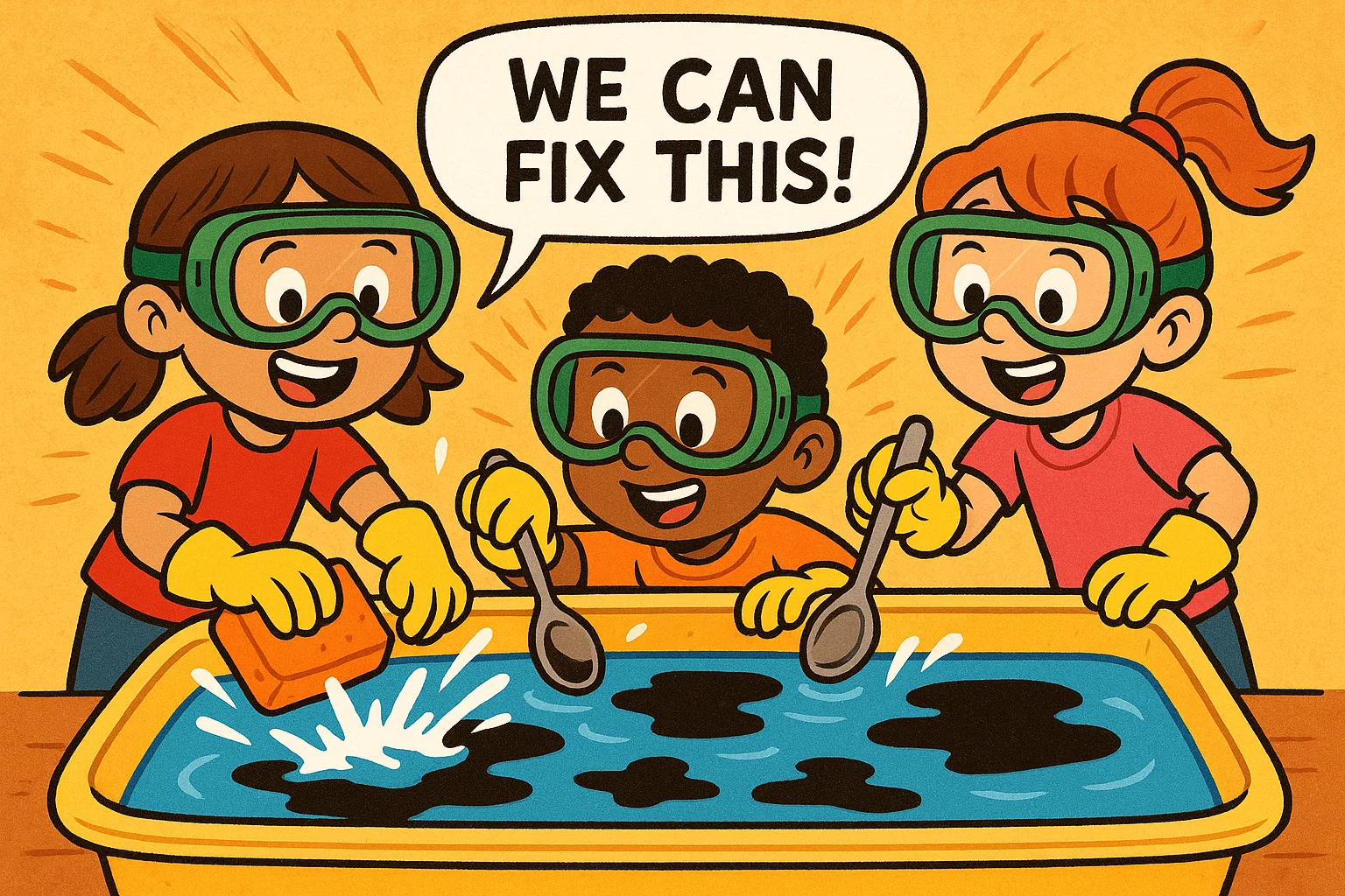 Cartoon of children doing oil spill cleanup STEM activity with water and teamwork.
