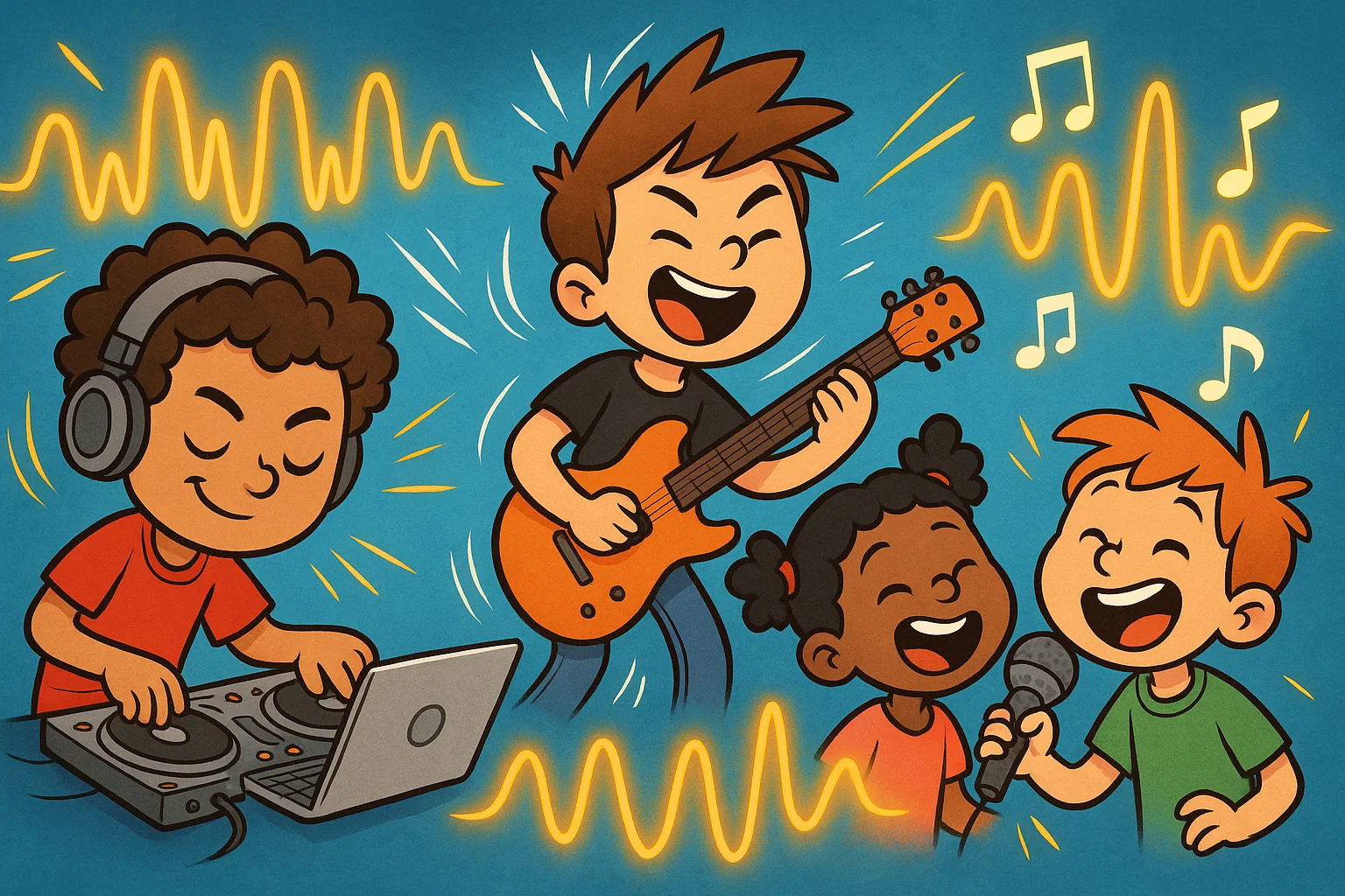 Cartoon older kids mixing beats, playing guitar and singing karaoke. Cartoon older kids mixing beats, playing guitar and singing karaoke.