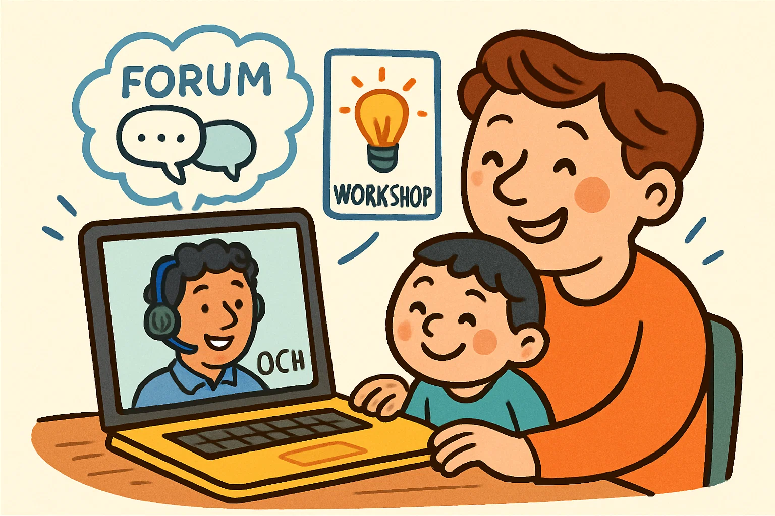 Cartoon-style video call with parenting coach and tools for ongoing support.