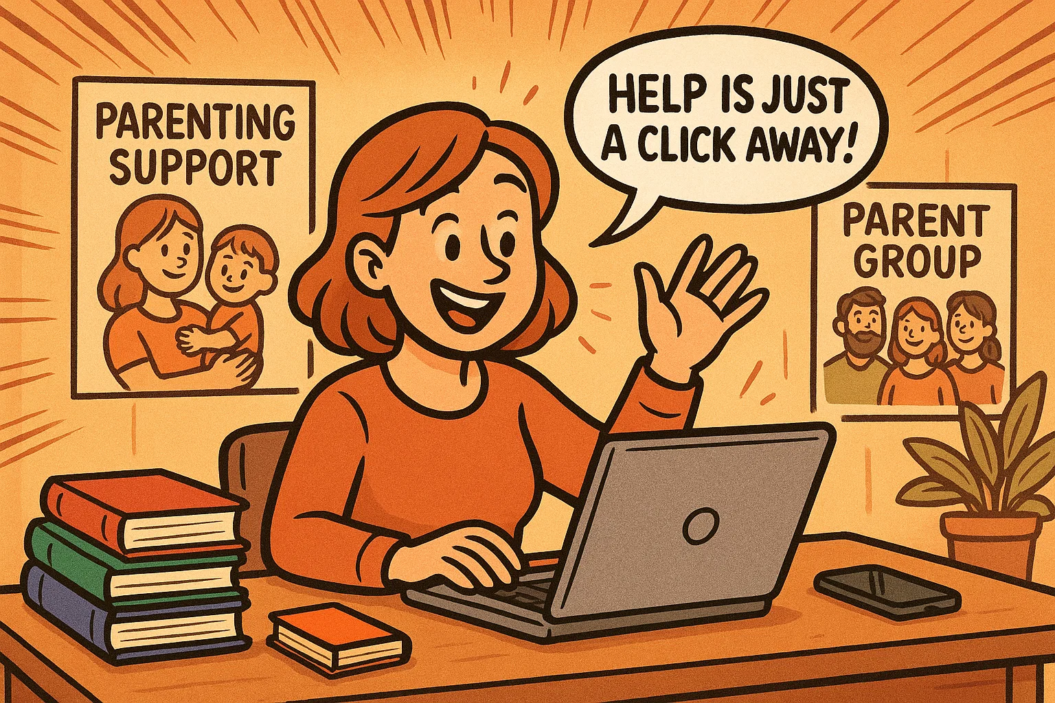 Smiling parent using laptop to join online parenting support group and access help resources.