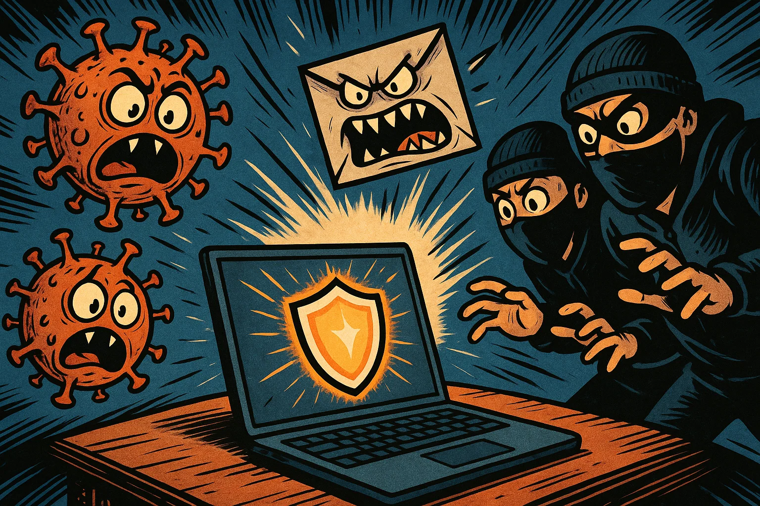 Comic-style hacker and viruses threatening laptop stopped by online safety shield.