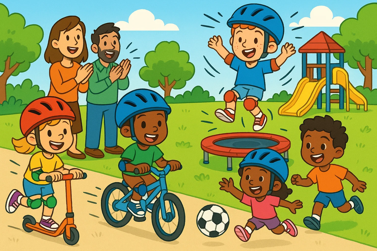 Children riding bikes, scooters and playing soccer outdoors.