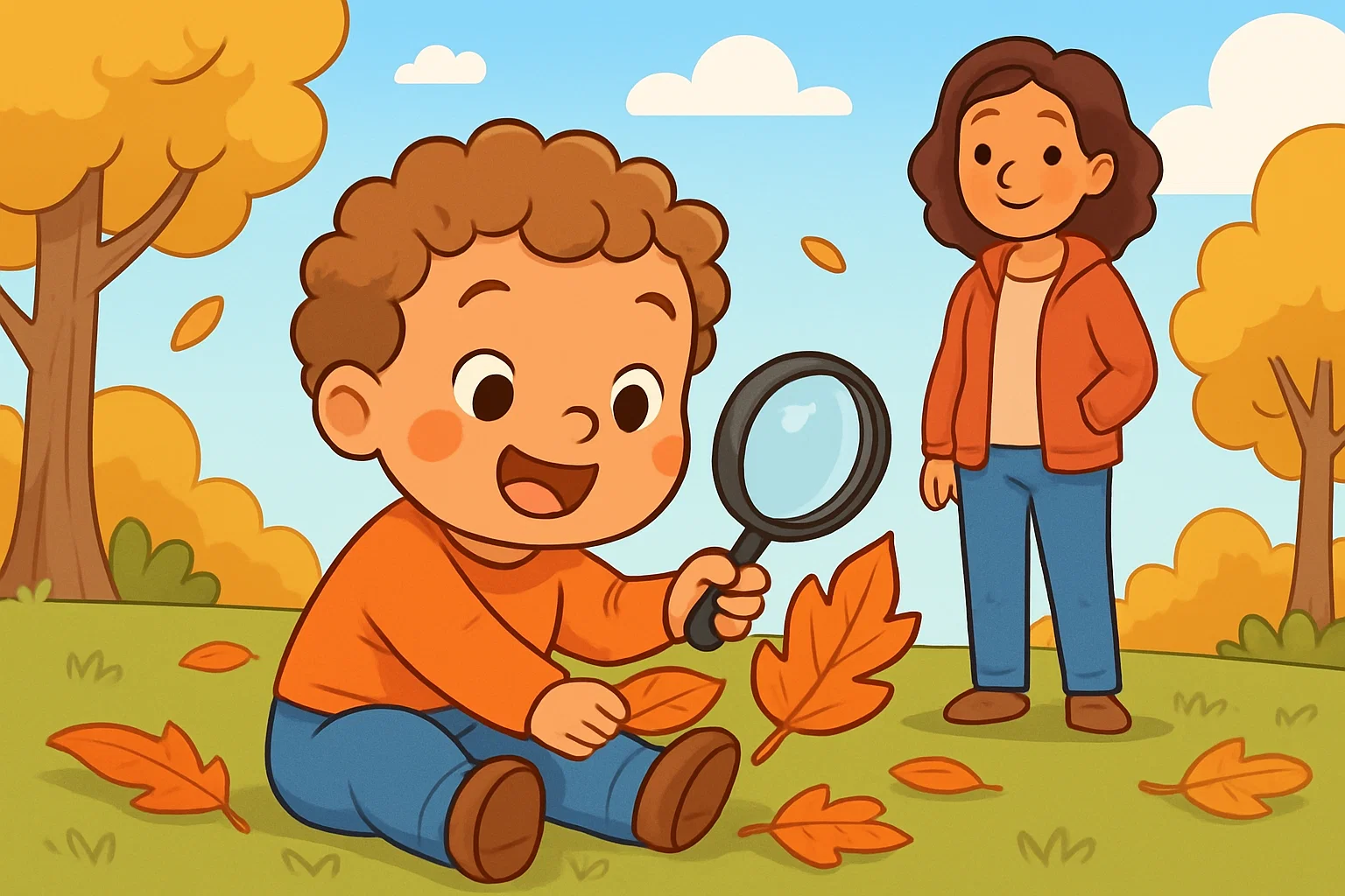 Cartoon toddler exploring nature with parent