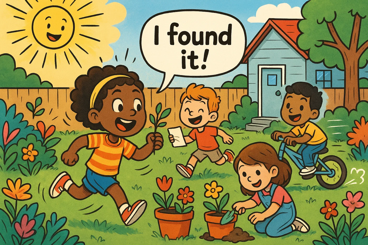 Children playing a scavenger hunt in the garden