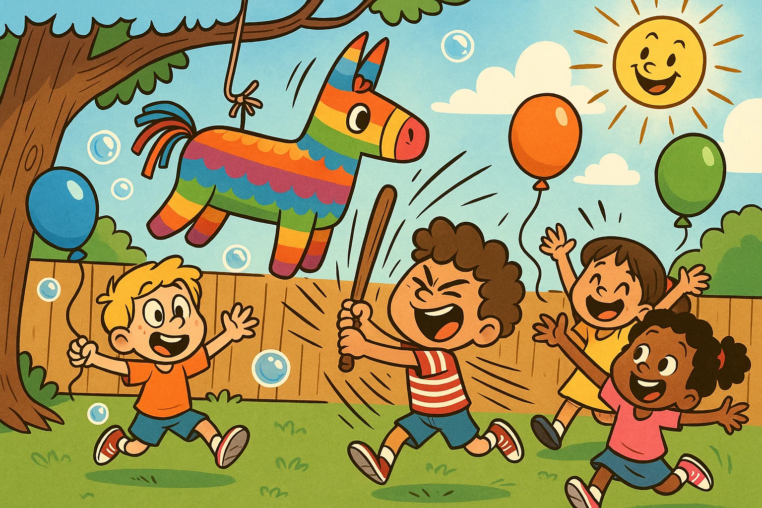 Children playing piñata and outdoor games at a 4 year old birthday party.